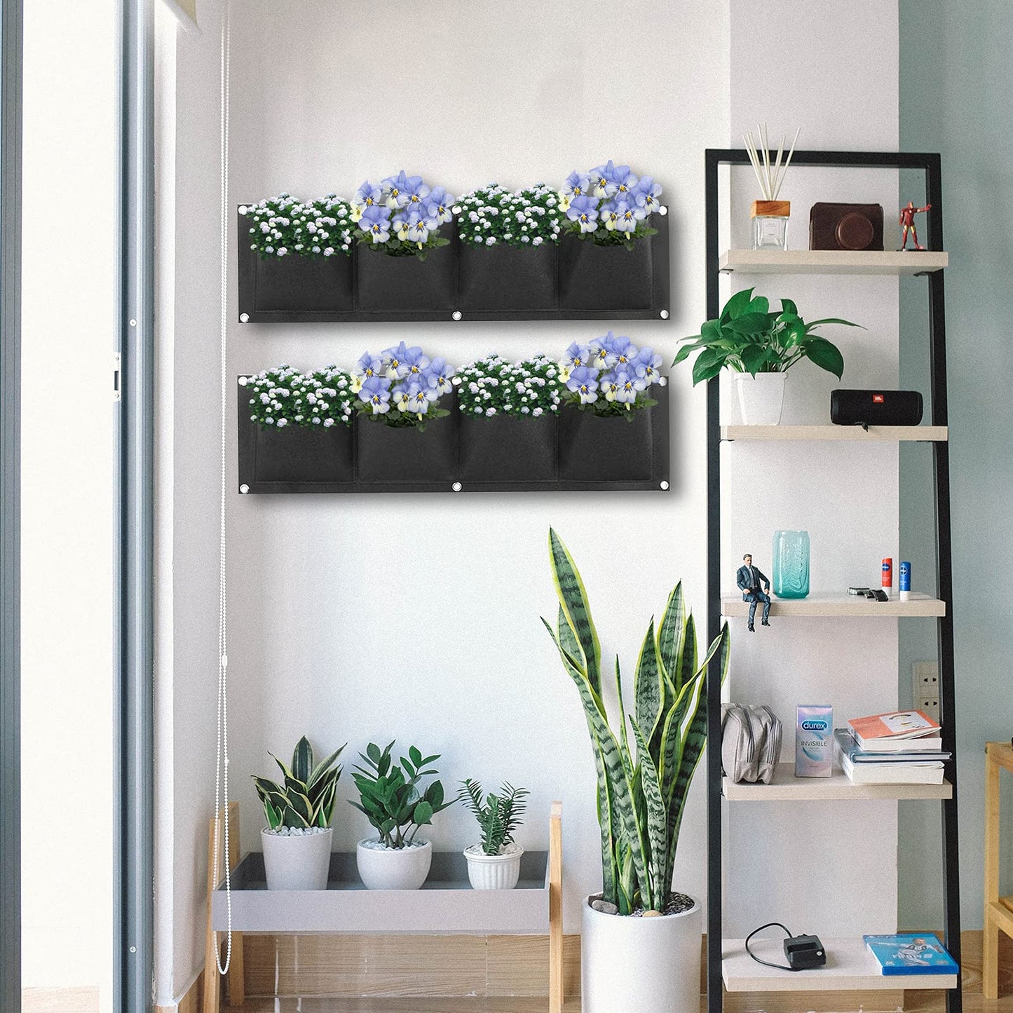 Ohiyoo Hanging Planter 2 Pack 4 Pocket Hanging Vertical Wall Planter Planting Grow Bags Gardening Vertical Greening Flower Container Storage Bags Planting Bag (Black)