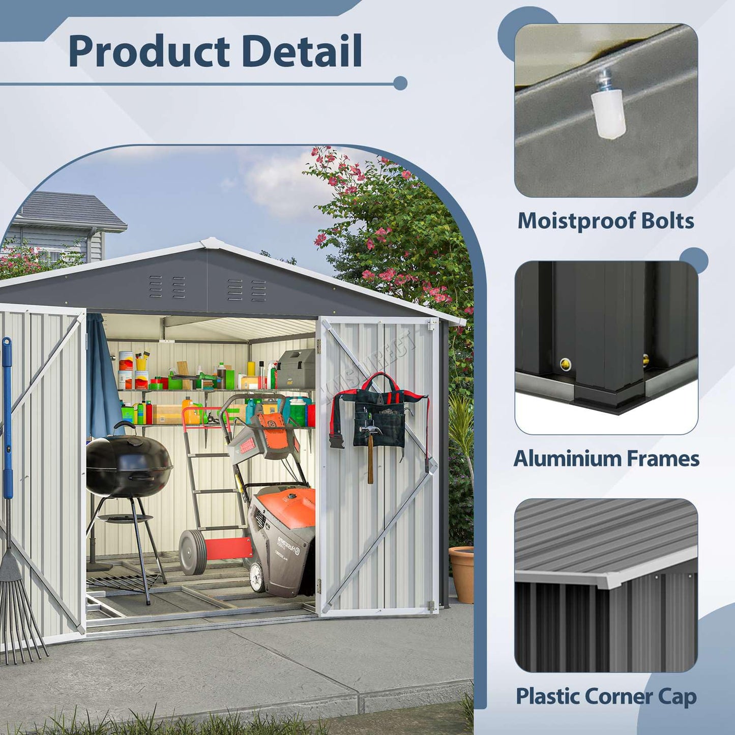 BIRCHTREE Garden Shed Metal Apex Roof 10FT X 8FT Outdoor Storage With Free Foundation Anthracite and White