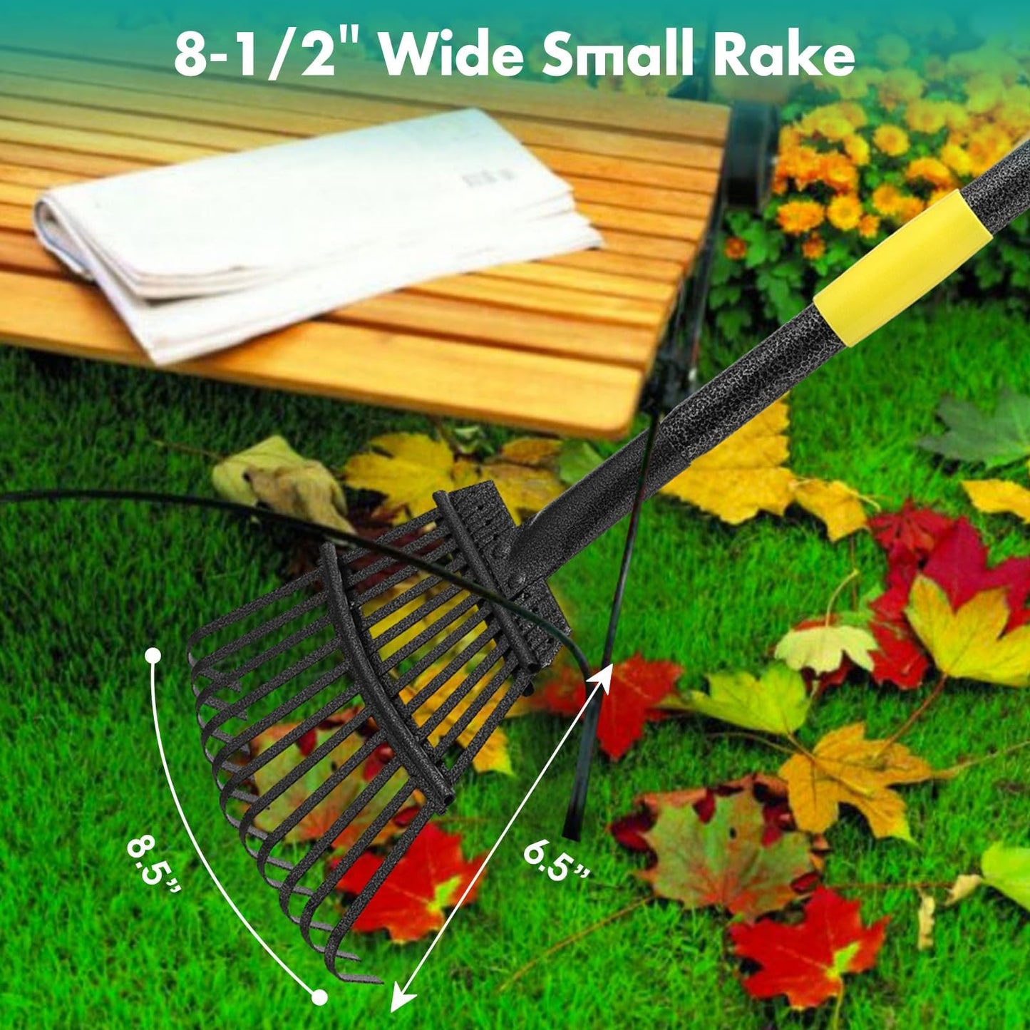 Rake, 175cm Long, 11 Tines Small Metal Garden Rake for Leaves, Heavy Duty 22.5cm Wide Rakes for Lawns, Yard Leaf Rake for Gardening , Flower Beds, Shrub, Kids Rake