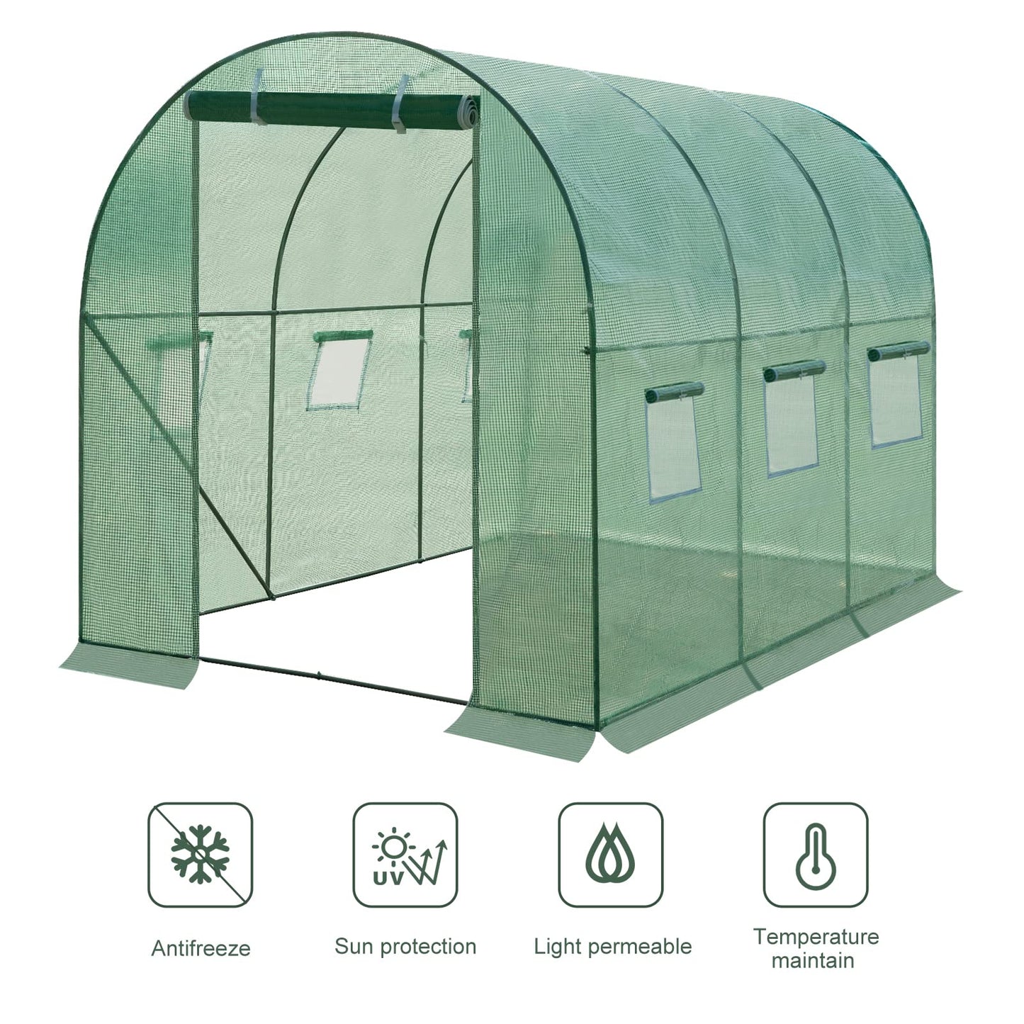 WOLTU Garden Greenhouse, Polytunnel removable PE Cover 140gsm, Walk in Grenn house outdoor, Plant Shelter with 6 Windows and 1 Zippered Roll-up Door, 200x300x200cm,