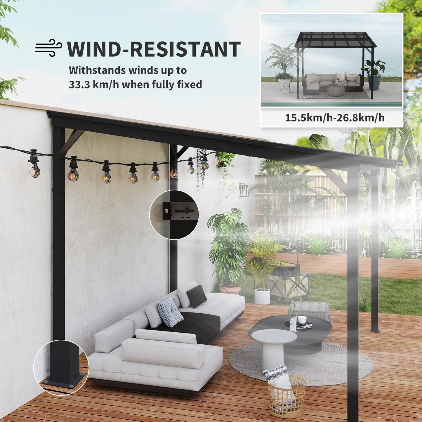 Outsunny 3 x 3(m) Metal Pergola with UPF 50- and Waterproof Polycarbonate Roof, Wall-Mounted or Free Standing Garden Gazebo, Wind-resistant Outdoor Sun Shade, Dark Grey