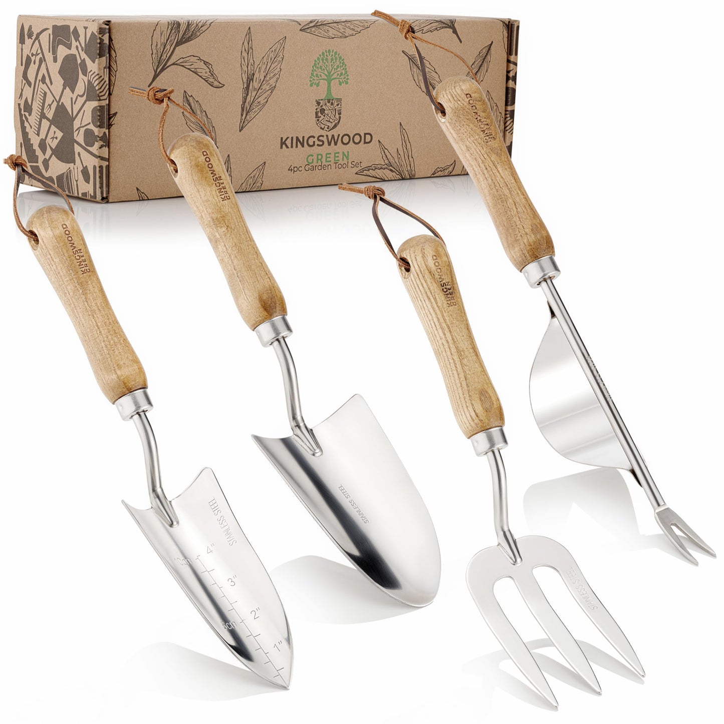 Kingswood Green® 4-Piece Garden Tool Gift Set | Ash Wooden Handles | Trowel, Hand Transplanter, Weeder & Fork | Made with Stainless Steel