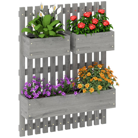 Outsunny Wall-mounted Wooden Garden Planters with Trellis, Drainage Holes and 3 Movable Planter Boxes, Wall Raised Garden Bed for Patio, Grey