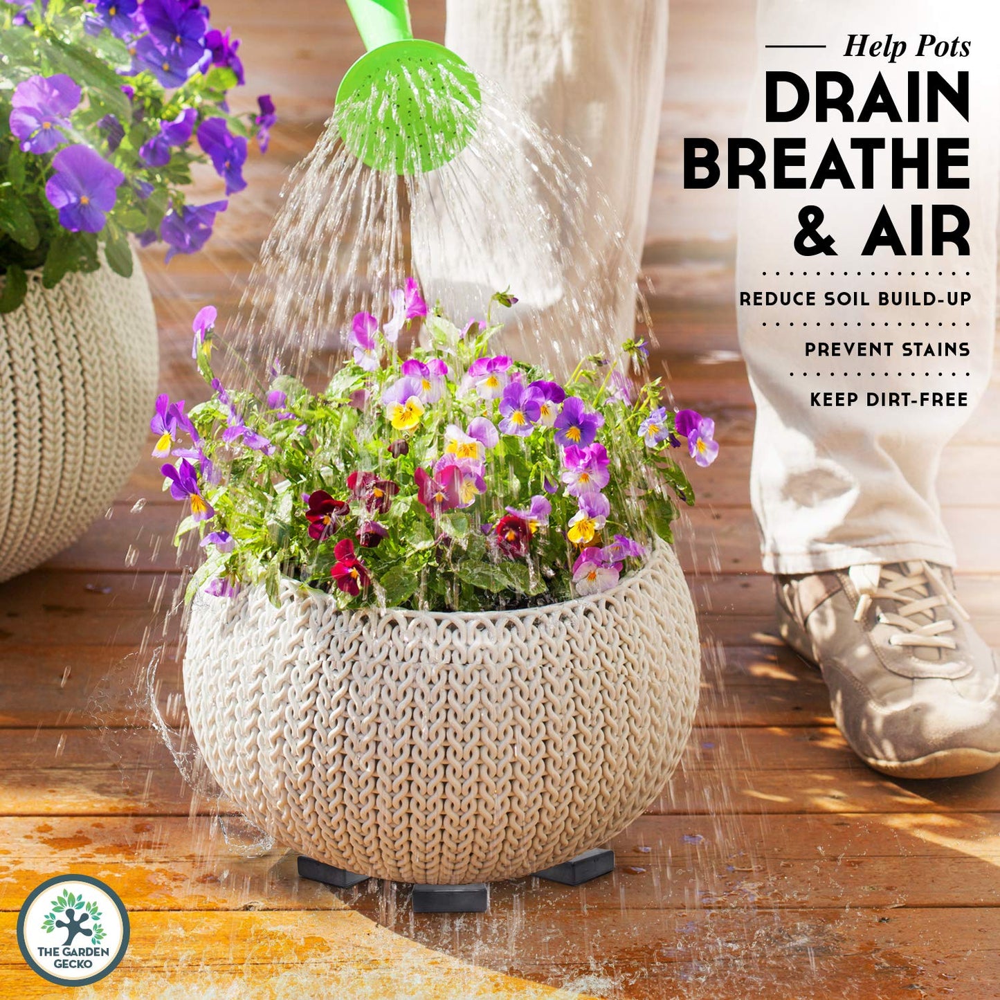 The Garden Gecko Invisible Pot feet for outdoor plant pots and flowers, solid rubber risers with a custom non-slip square surface grip | 21 POT FOOT - 21 STRONG ADHESIVE PADS.