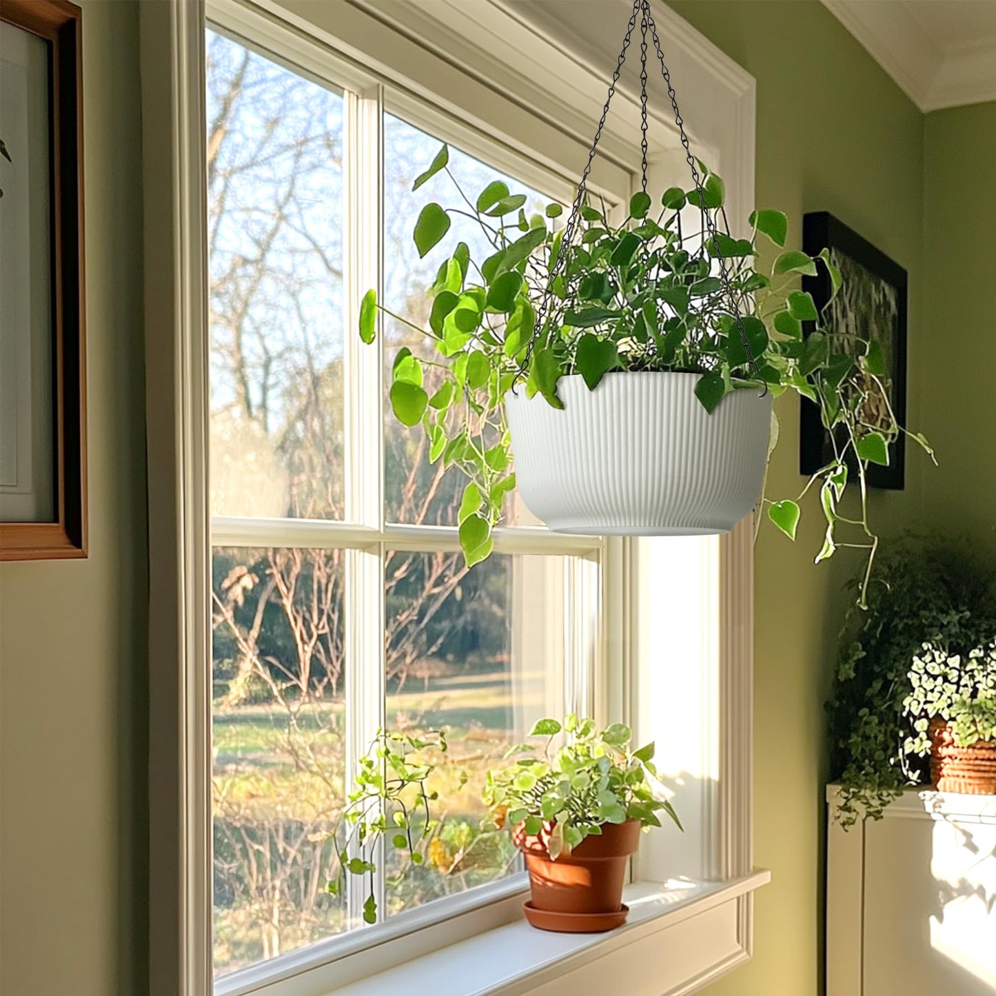 T4U 12 Inch Large Hanging Planters for Outdoor Plants, 2 Pack Self Watering Pots Indoor, Hanging Baskets for Plants,Hanging Flower Pot with Drainage Hole and Plant Hanger, White