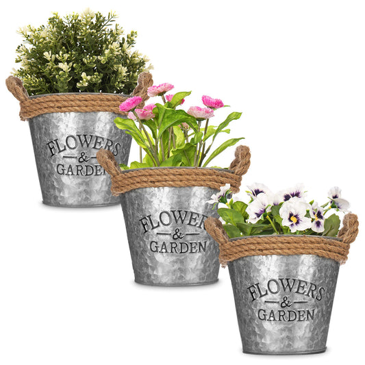 LIVIVO Zinc Plant Pot with Anti-Slug Cotton Rope Handles and 'Flowers & Garden' Design for Outdoor or Indoor Garden, Flower Pot, Herb Garden or Avocado Vase (Set of 3, Round)