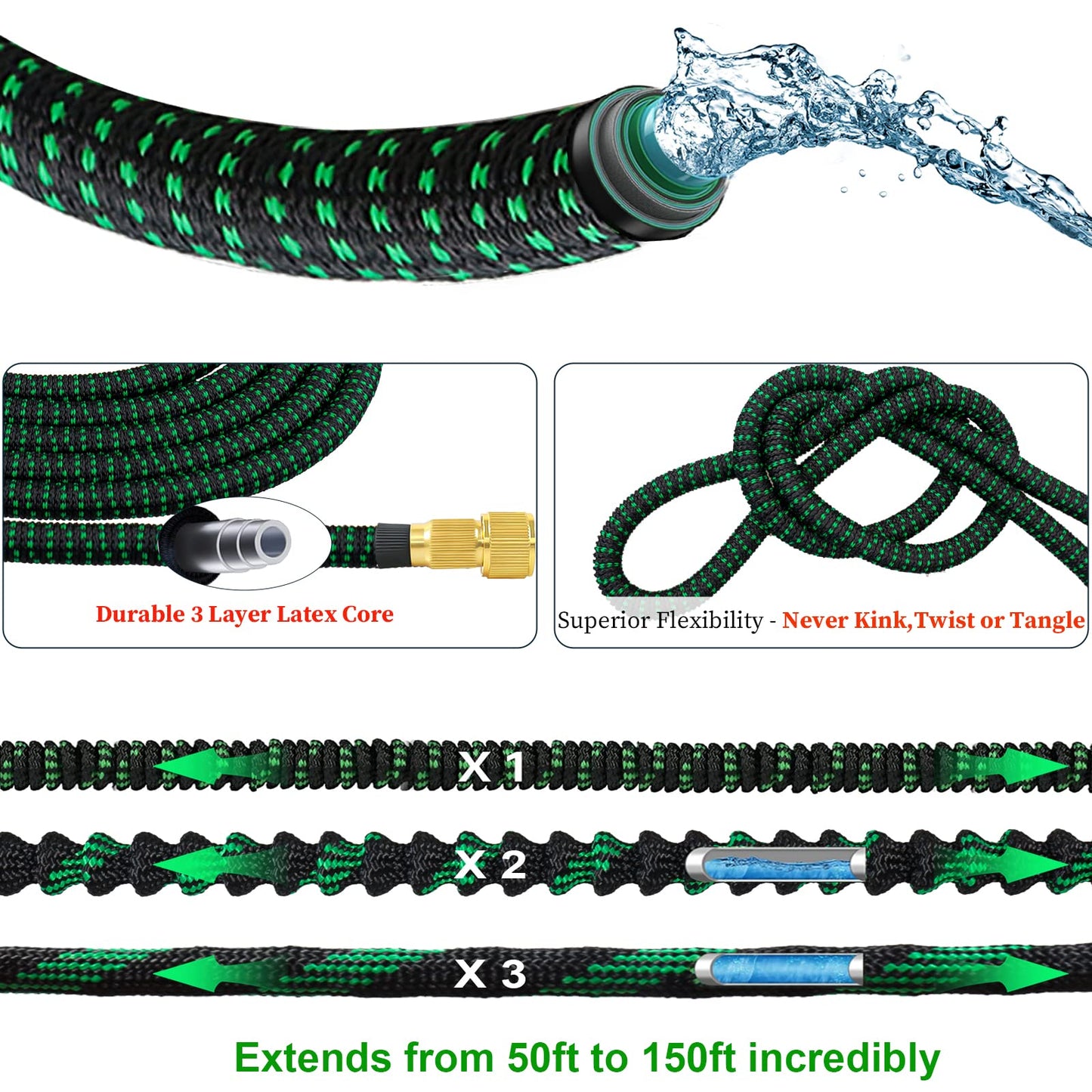Garden Hose Expandable Garden Pipes-150FT Flexible Garden Hose Reels Including 10 Function Spray Gun Nozzle and Solid Brass Fittings,Magic Hosepipe for Gardening Patio Car Washing Pet Bathing (45M)