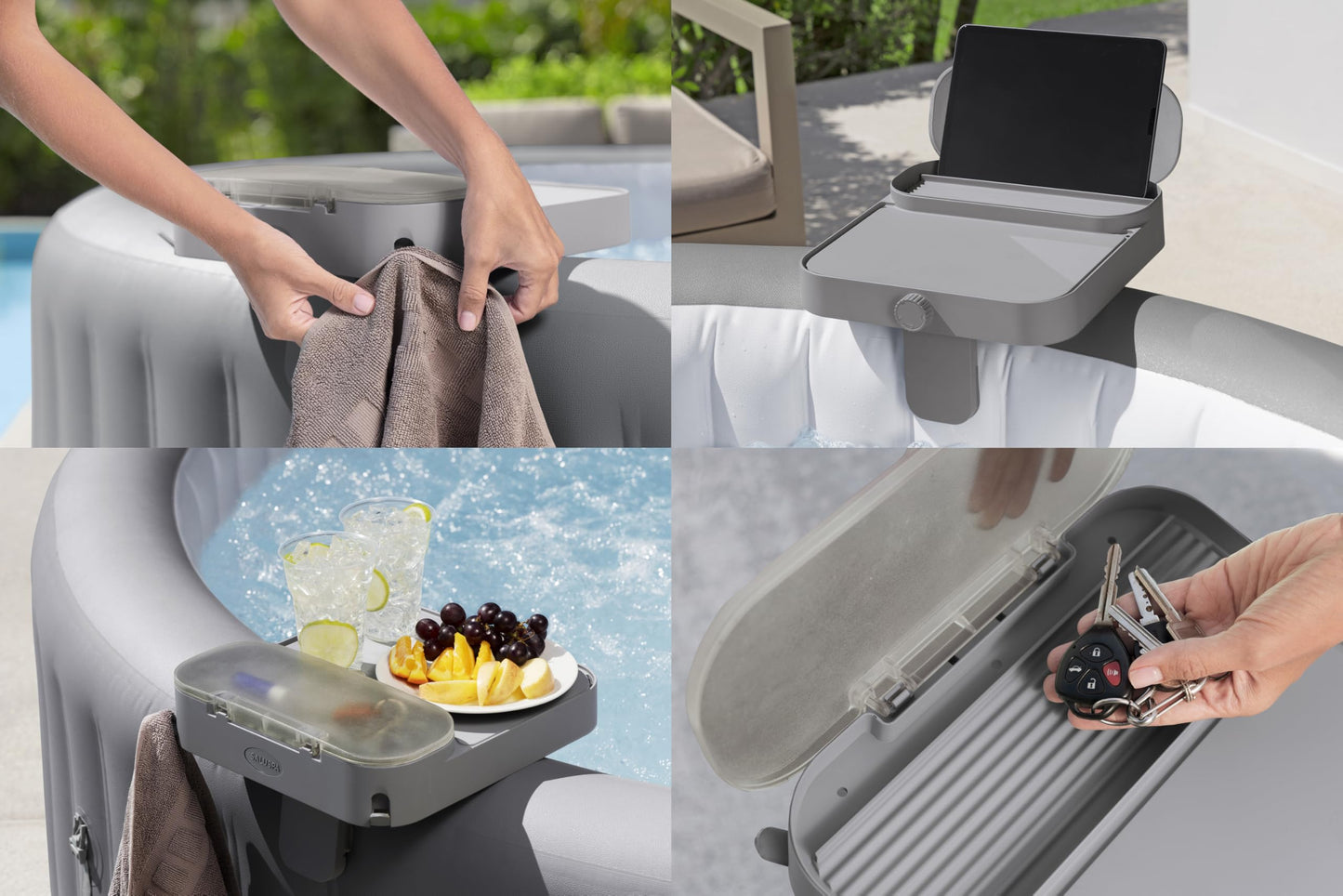 Bestway Lay-Z-Spa 4-in-1 Accessory Table for Hot Tubs, Side Tray for Tablet, Phone, Drinks and Snacks, Adjustable Universal Fit with Cup Holders, Grey