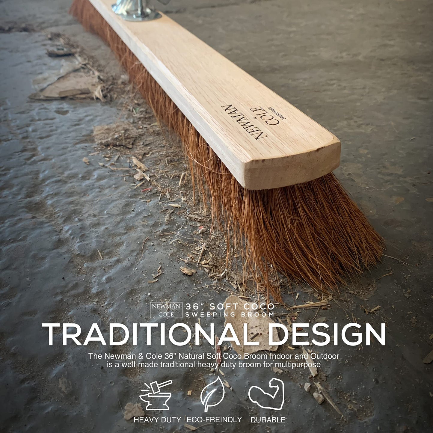 Newman and Cole 36” Wide Broom Indoor or Outdoor, Extra-Large Heavy Duty Broom Sweeping Brush for Warehouse Floors and Large Flat Surfaces (36” Natural Coco Soft Bristle Broom Complete with Handle)…