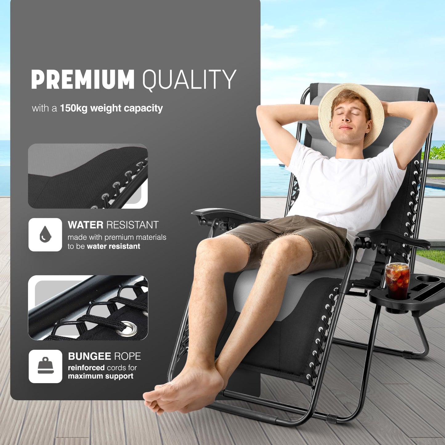 KEPLIN Set of 2 XXL Premium Heavy Duty Textoline Zero Gravity Chairs - Luxurious Garden Recliners, Adjustable Headrest, Cup & Phone Holder, Foldable & Easy to Clean Patio Sun Loungers (Light Grey)