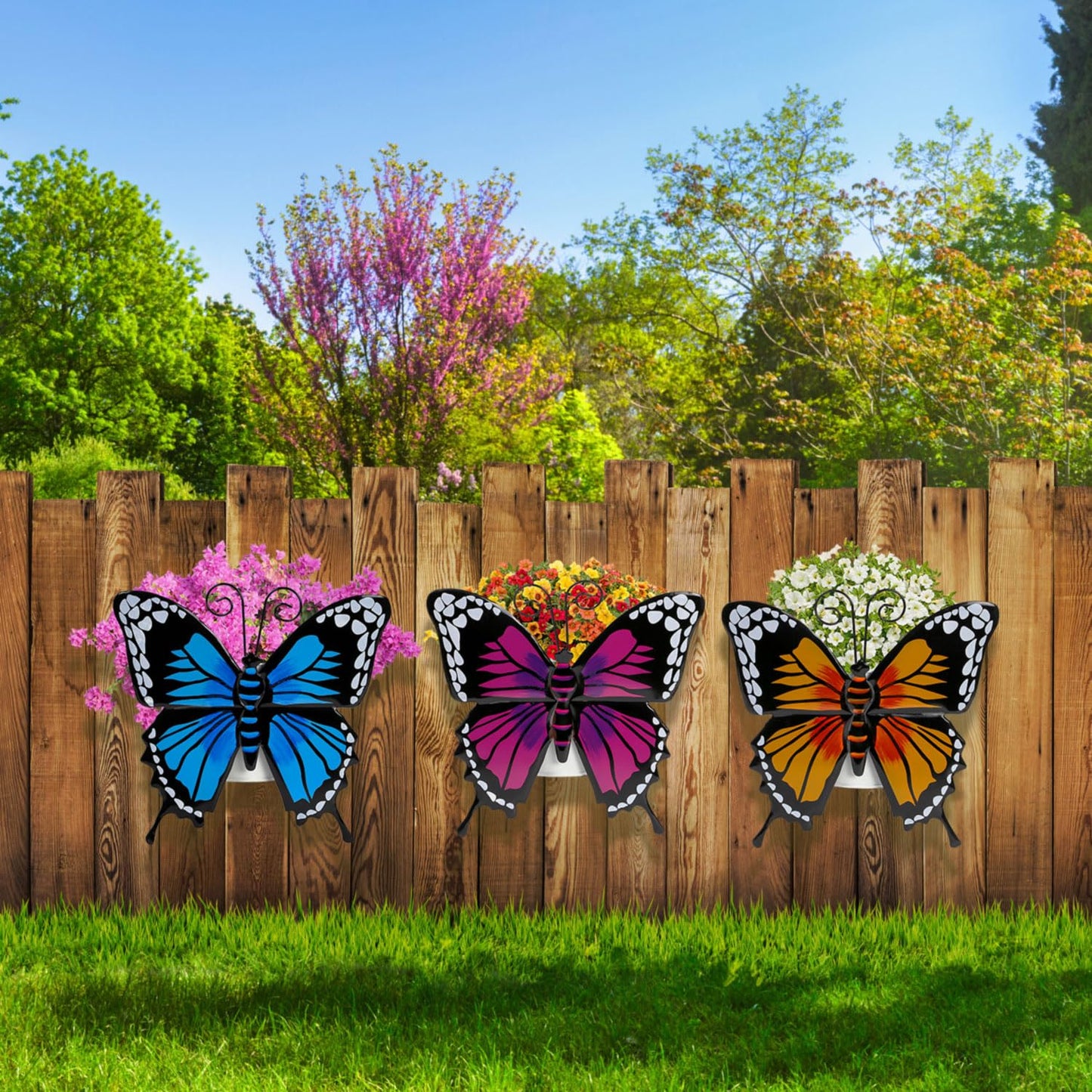 Taylor & Brown Set of 3 Metal Butterfly Wall Flower Pots Garden Ornaments Outdoor, Wall Art Big Butterfly Hanging Decorations for Outside Garden Shed Fence Yard, 27x27cm