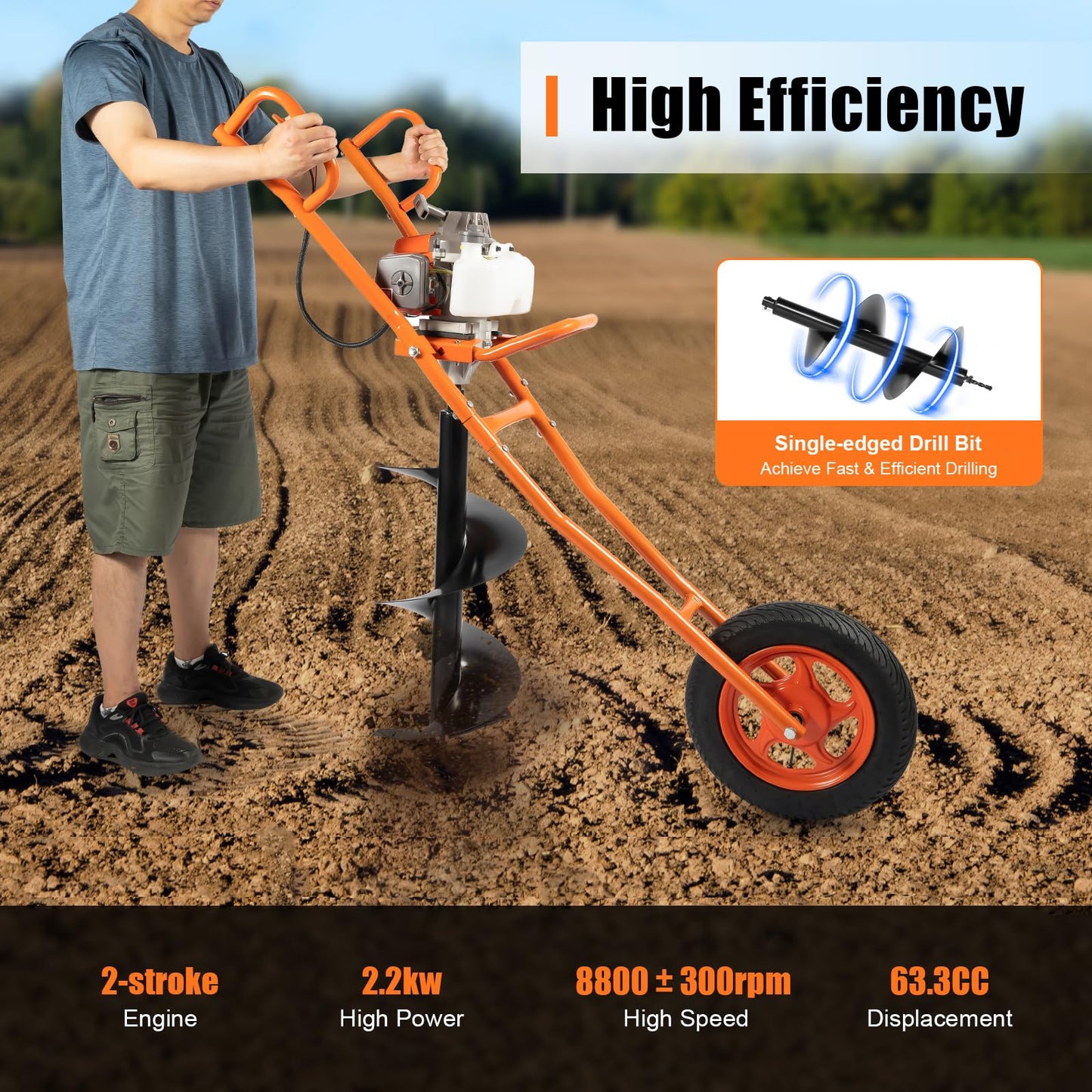 MEHOOSPVN 63cc 2-Stroke Petrol Earth Drill Fence Post Ground Hole Drill 3HP -11" Drill Bit Earth Auger Borer Ground Drill cart excavator w/1200ml fuel tank Garden Auger Hole Petrol Hole Digger Orange