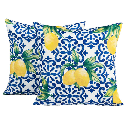 OHS Outdoor Cushions Lemon Print 45 x 45, Water Resistant Garden Furniture Cushions Sofa Cushion Covers for Inners Super Soft Comfy Decorative, Blue Pack of 2