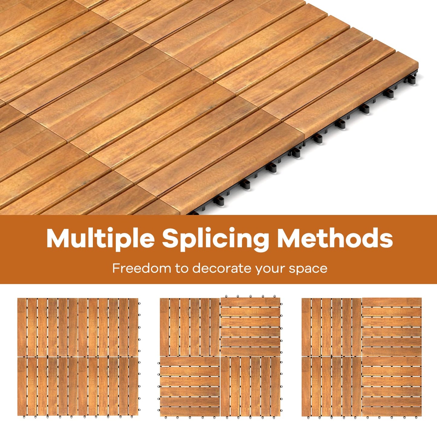 COSTWAY 27 Pcs Decking Tiles, 30 x 30cm Acacia Hardwood Interlocking Floor Tiles, Cuttable Deck Tile for Indoor Outdoor Patio Garden Balcony Pavement, Tools Free Assembly