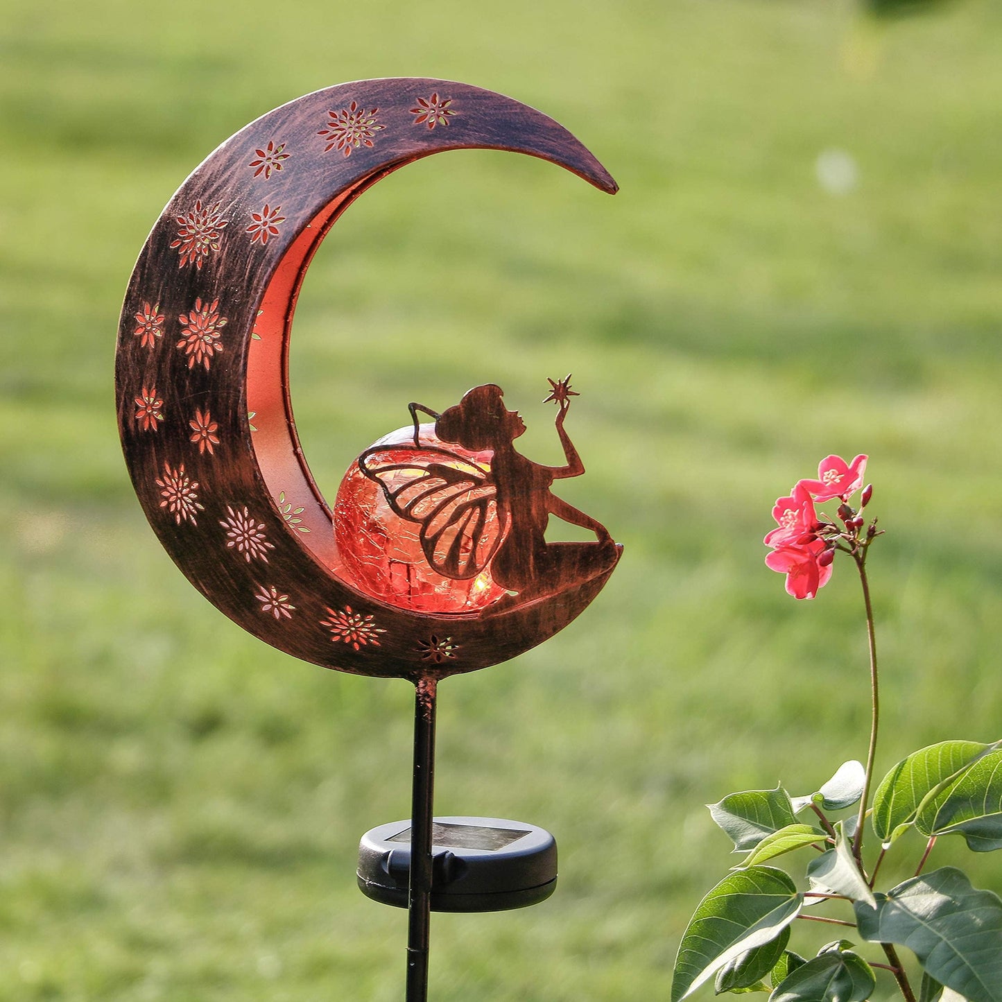 TERESA'S COLLECTIONS Large Garden Ornaments Outdoor, Gifts for Women, Metal Fairy Sitting on Moon Solar Lights Outdoor Garden, Solar Stake Lights with Crackle Glass Ball for Lawn, Path, 40inch
