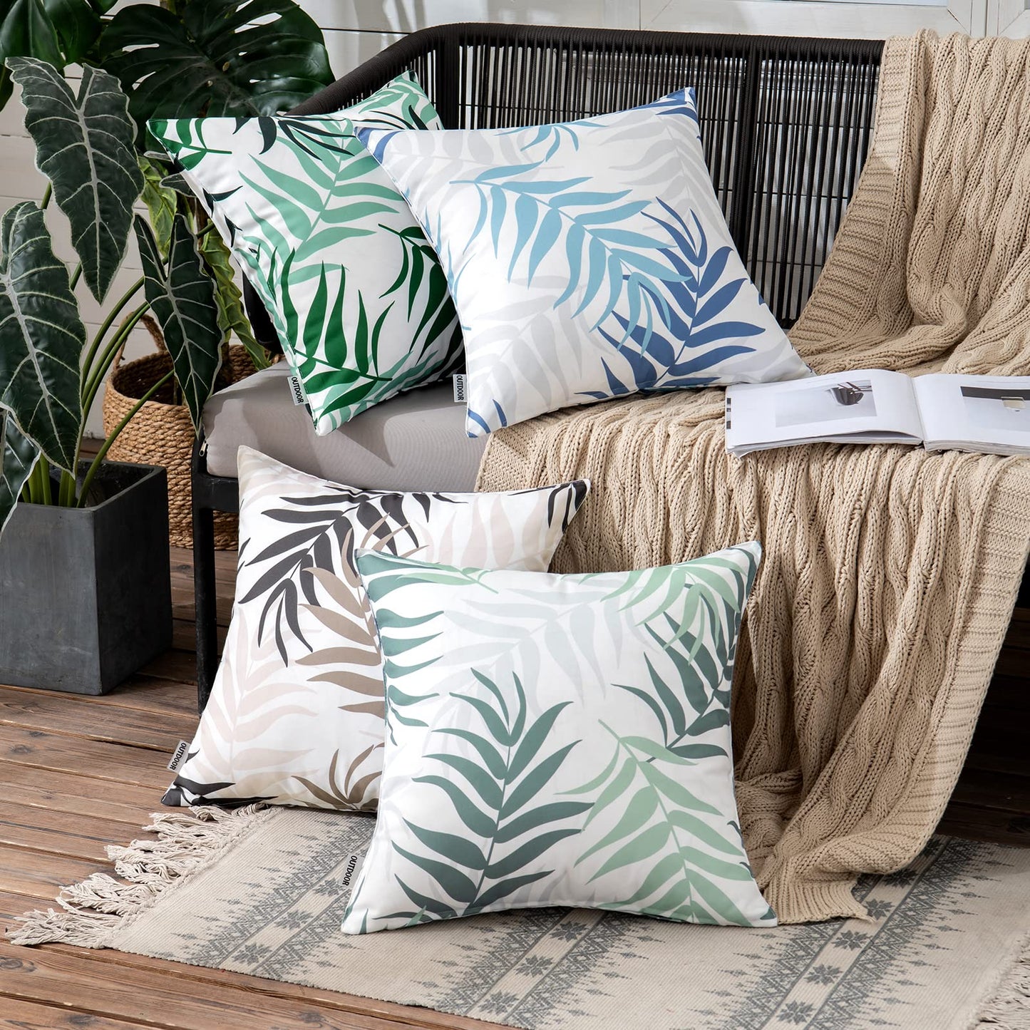 MIULEE Outdoor Cushion Covers Waterproof Polyester Throw Pillow Cover Square Decorative Pillowcase with Leaf Patterns for Garden Sofa Livingroom Bedroom Tent Park 2 Pieces 18x18 Inch Green Grey