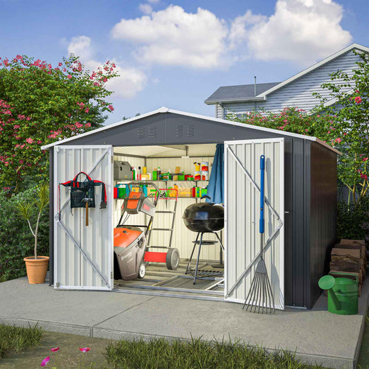 BIRCHTREE Garden Shed Metal Apex Roof 10FT X 8FT Outdoor Storage With Free Foundation Anthracite and White