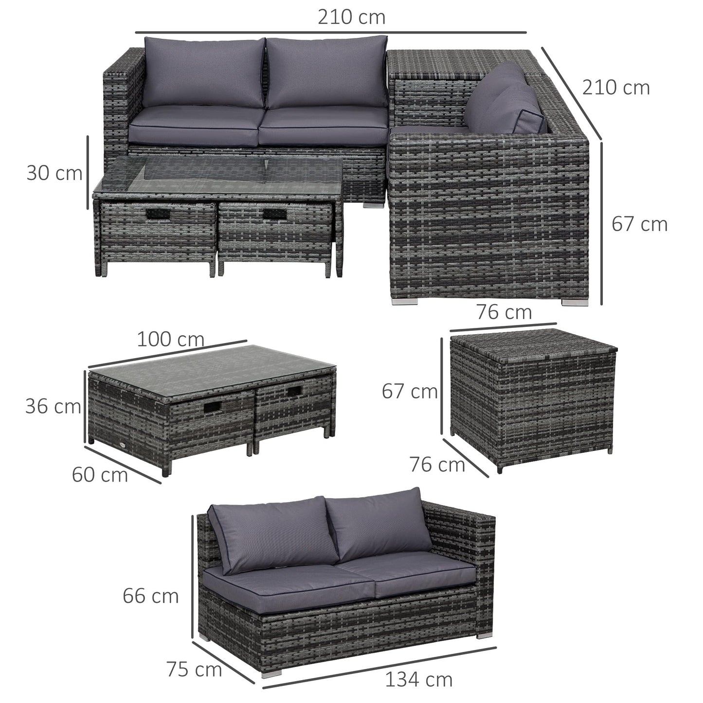 Outsunny 4 Pieces Rattan Garden Furniture Set, 4 Seater Corner Sofa Set with Storage Box, 2 Drawers Coffee Table, Loveseats with Cushions, Wicker Garden Conservatory Furniture for Balcony, Grey