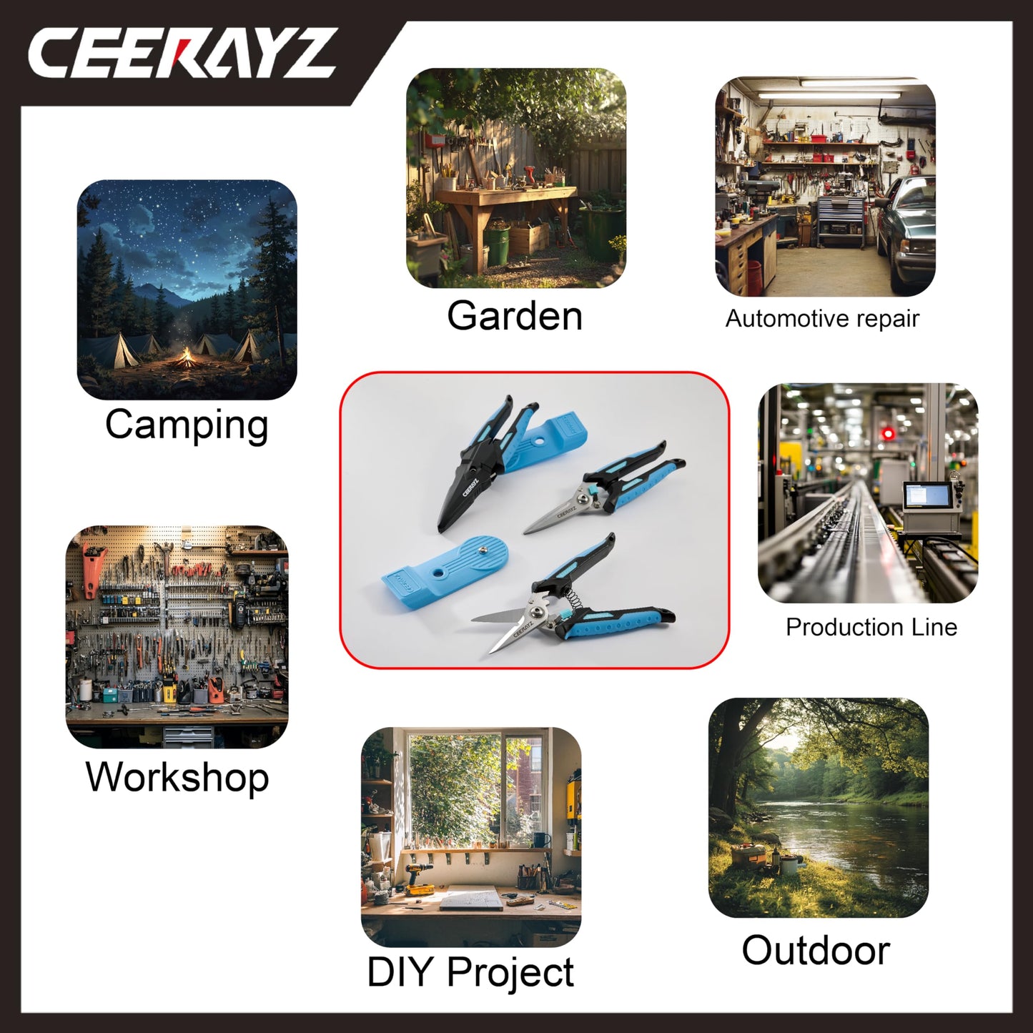 CEERAYZ 185mm Notch Scissors All Purpose Heavy Duty, Garden Shears, Scissors for DIY Projects, Office, Production Lines, Pruning, with Protective Sheath (Black/Blue)