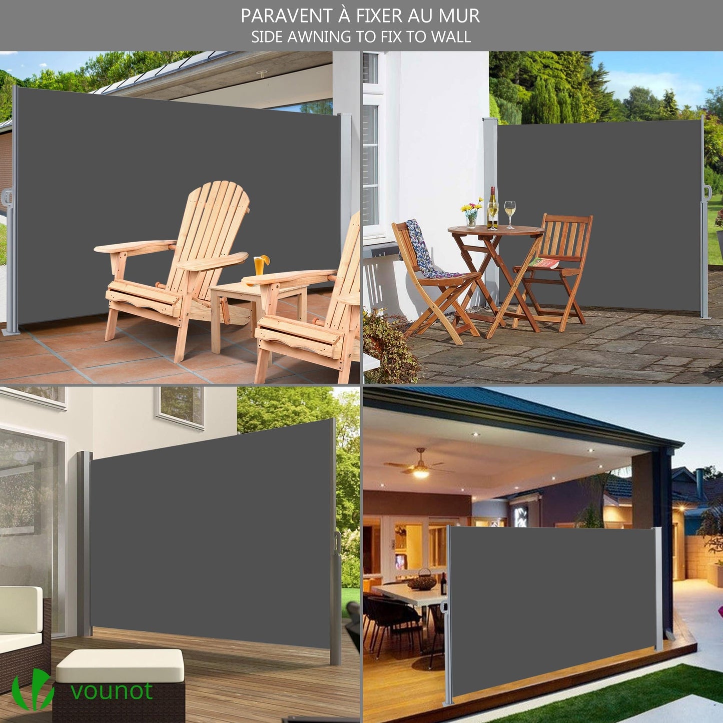 VOUNOT Side Awning Retractable, Outdoor Privacy Screen for Garden, Balcony, Terrace, 140 x 300 cm, Grey