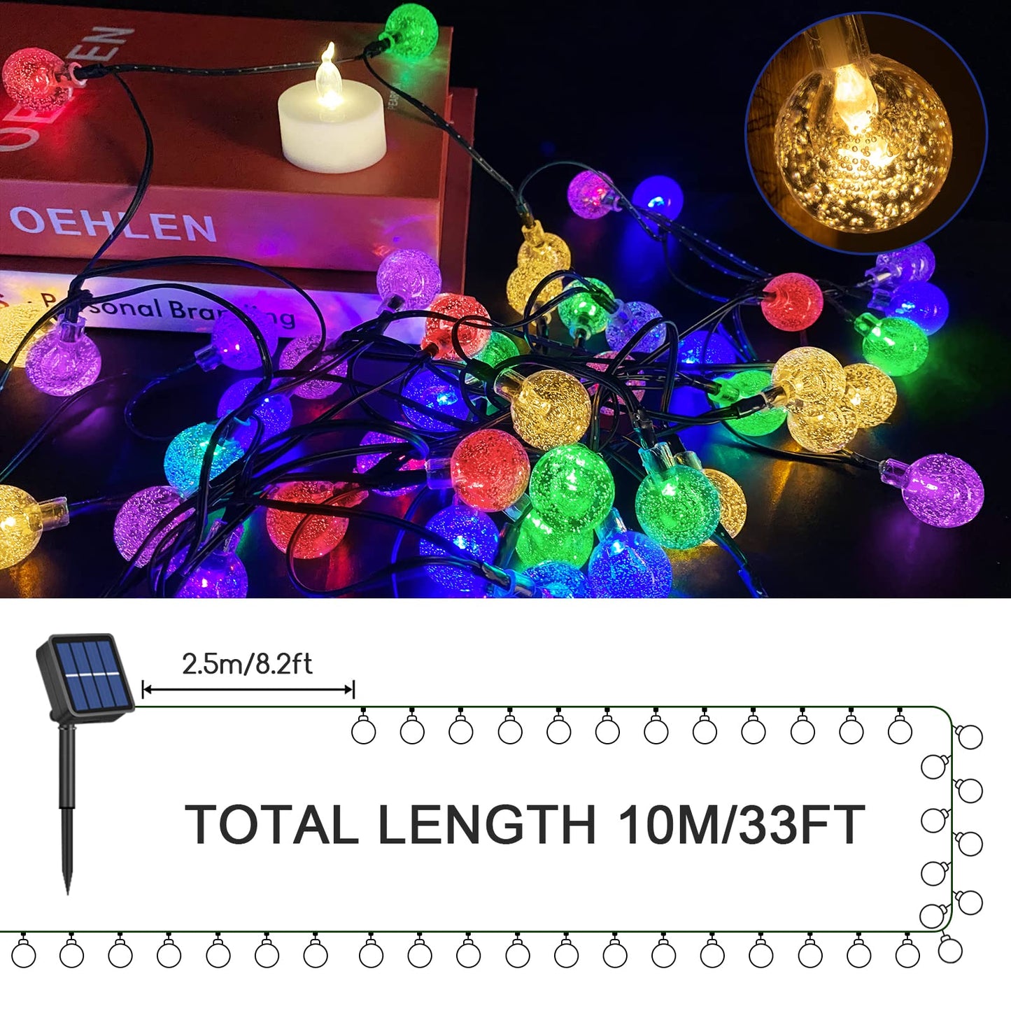 Jsdoin Solar Lights Outdoor Garden,50LED Solar Garden Lights,8 Modes 7.5M/25Ft Waterproof Solar Powered Globe Fairy Lights, Garden Lighting for Garden Patio Yard Home Christmas Parties Wedding