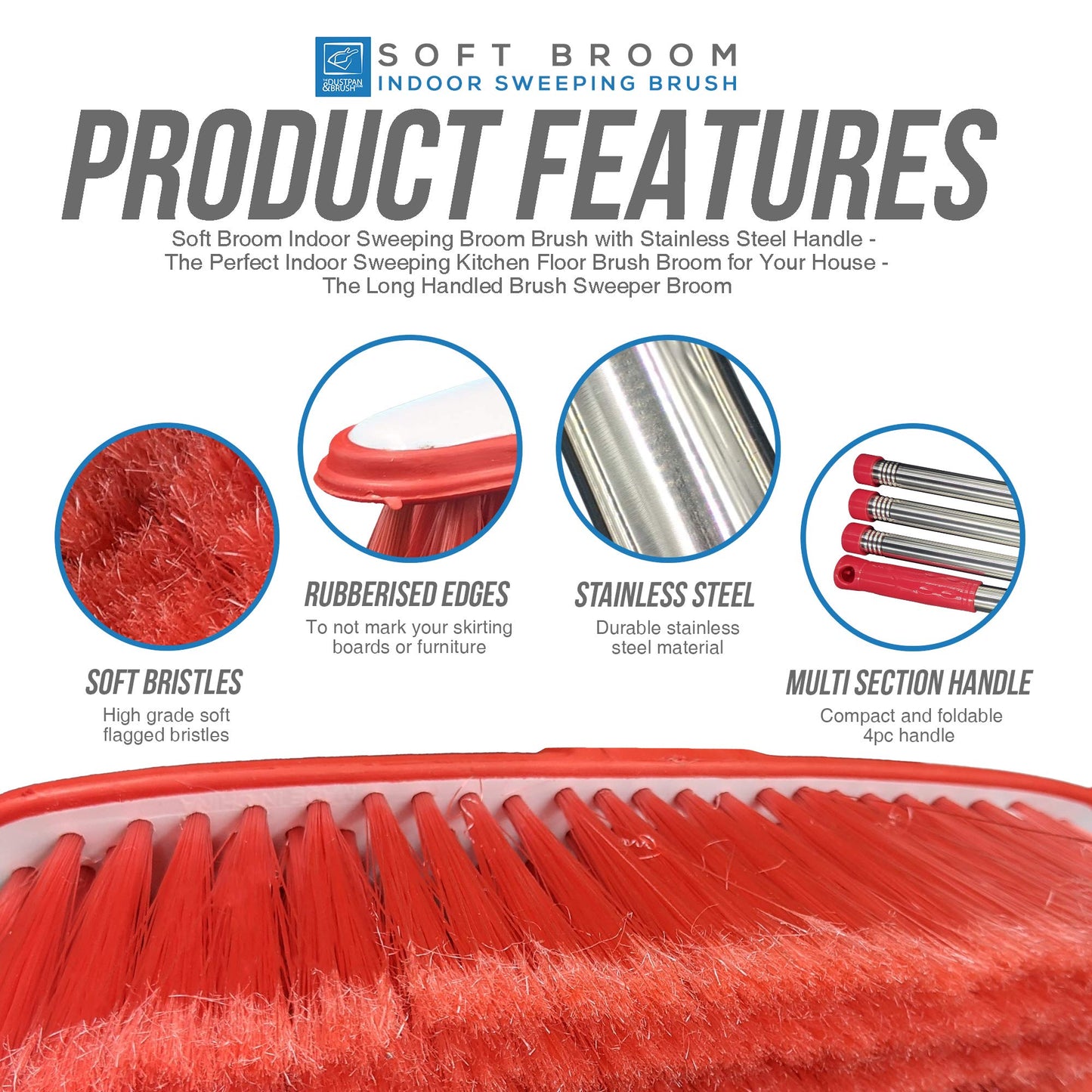 Soft Sweeping Brush Broom Indoor with Multi-Section Stainless Steel Long Handled Brush − House Broom Soft Bristle Brush for Cleaning Home and Kitchen Floors (Red)