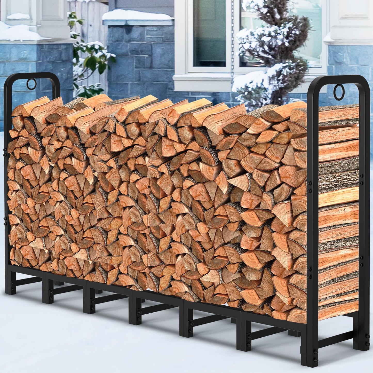Amagabeli 8ft(244cmx36cmx121cm) Outdoor Fire Wood Log Rack for Fireplace Heavy Duty Firewood Pile Storage Racks for Patio Deck Metal Log Holder Stand Tubular Steel Wood Stacker Outside Tools Black