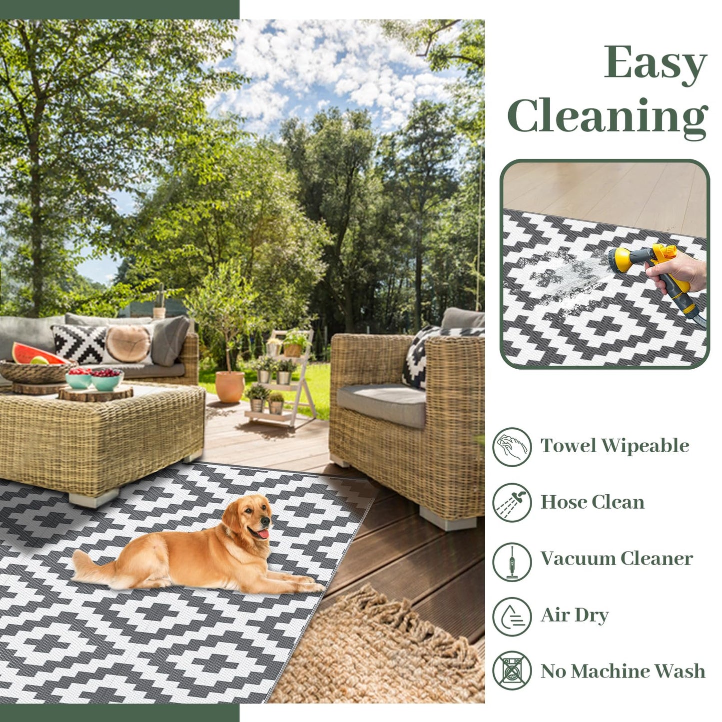 MOKANI Outdoor Rug for Patios Waterproof, Anti-slip Plastic Straw Garden Mat Carpet UV Resistant Indoor Area Rugs for Camping, Deck, Beach, Picnic, Backyard (120x180cm)