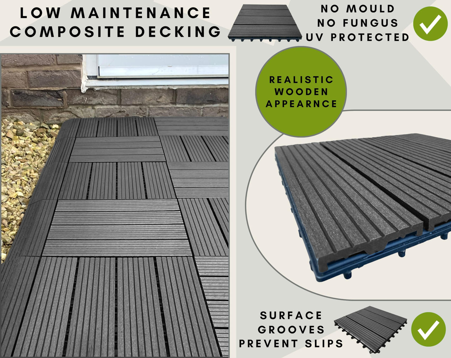 CLICK-DECK Composite Decking Tiles | Patio, Balcony, Concrete, Hot Tub Deck Tiles | 30x30cm Square Connect Flooring | Easy Installation | Low Maintenance | Great Drainage (6X Deck Tiles, Ebony)