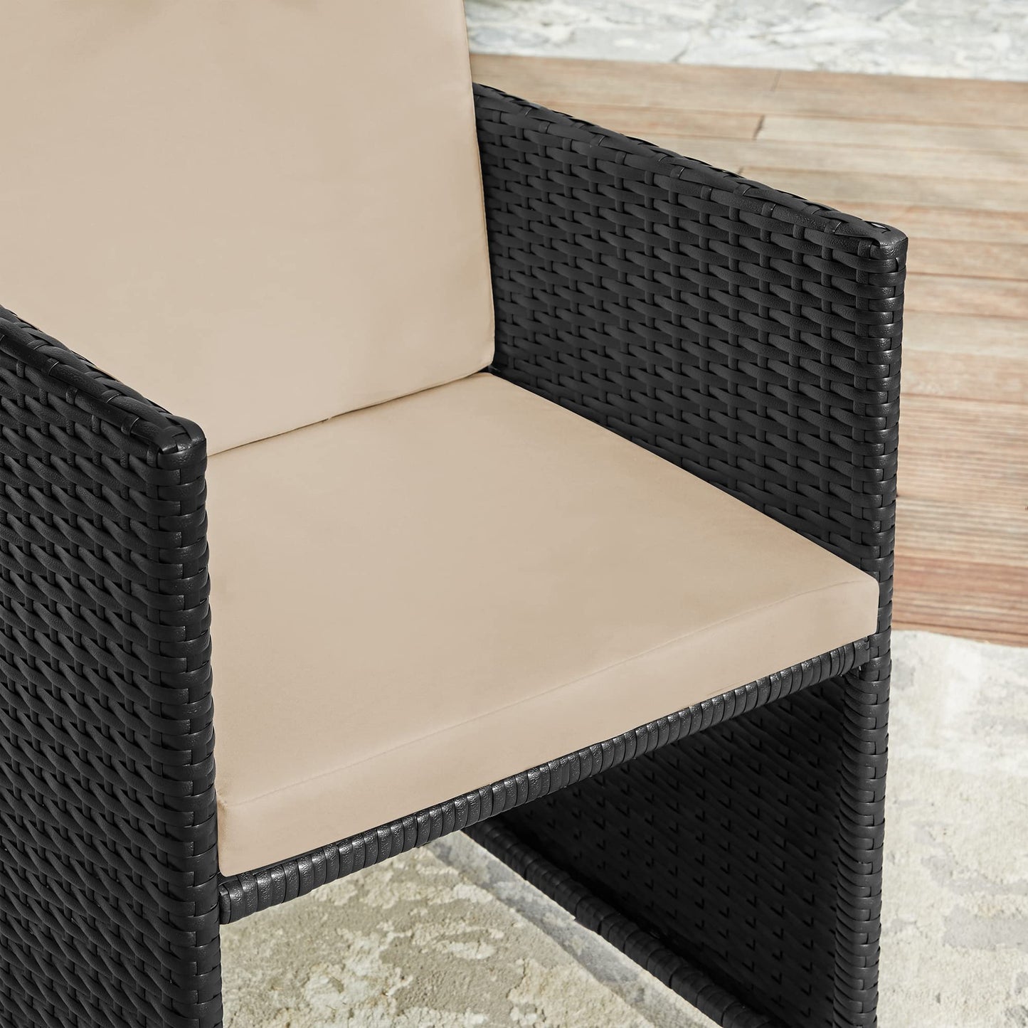 SONGMICS Garden Furniture Set Dining Table and Chairs, Set of 9 PE Rattan Outdoor Patio Furniture, Dining Furniture, Glass Top Coffee Table, with Cushions, Space-Saving, Black and Beige GGF091B02