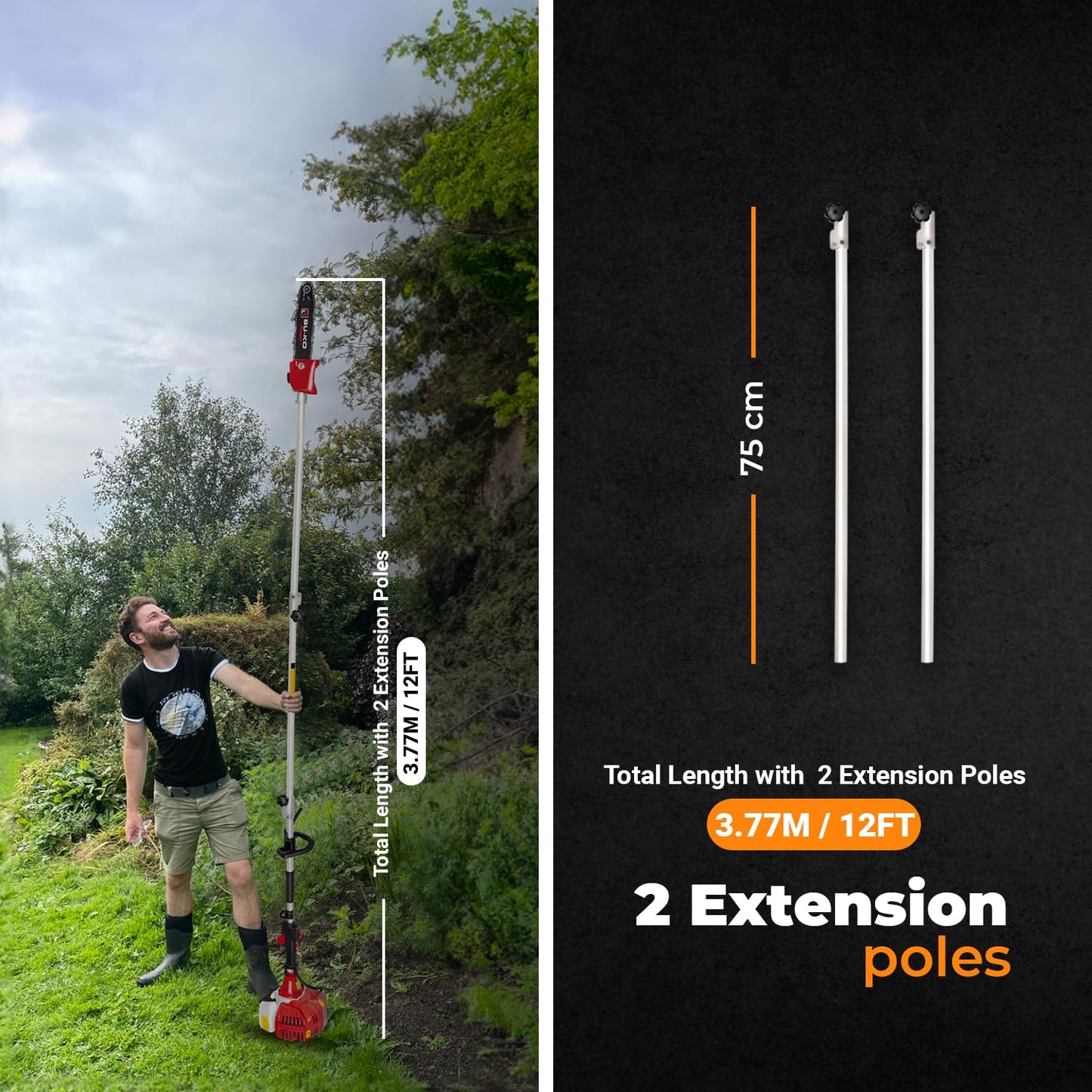 BU-KO 52cc Long Reach Petrol Hedge Trimmer and Pruner Saw with 75cm Extension Pole, Ultimate Garden Tool for Precision Cutting, Trim Hedges and Prune with Ease