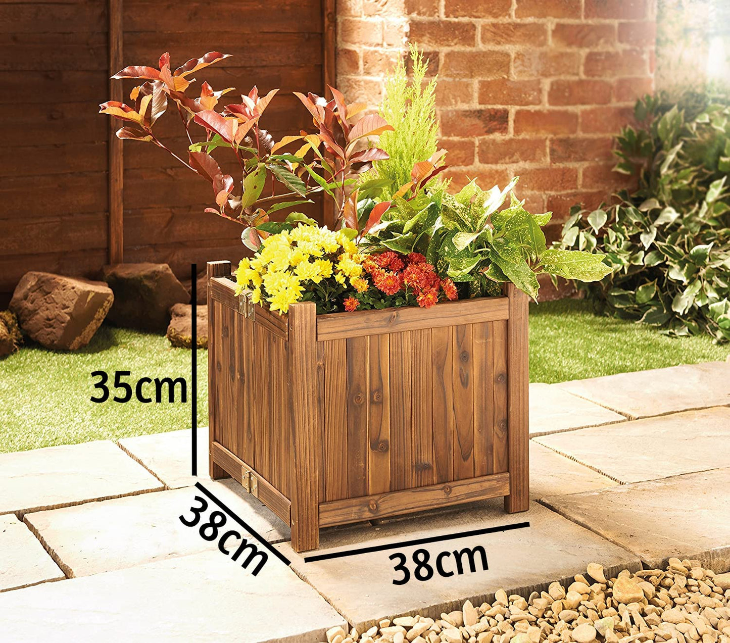 spot on dealz® Wooden Square Free Standing Planter Outdoor Display Flower Ornament Lawn Porch Decor Wooden Design Decorative Garden Feature