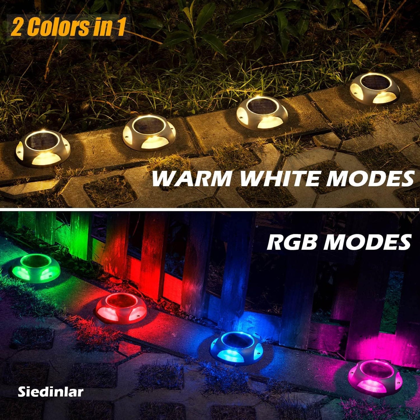 Siedinlar Solar Deck Lights Outdoor Solar Powered Decking Lights Waterproof Solar Ground Lights Solar Lights Outdoor Garden for Pathway Driveway Step Dock 4 Pack (Warm White/RGB Changing)