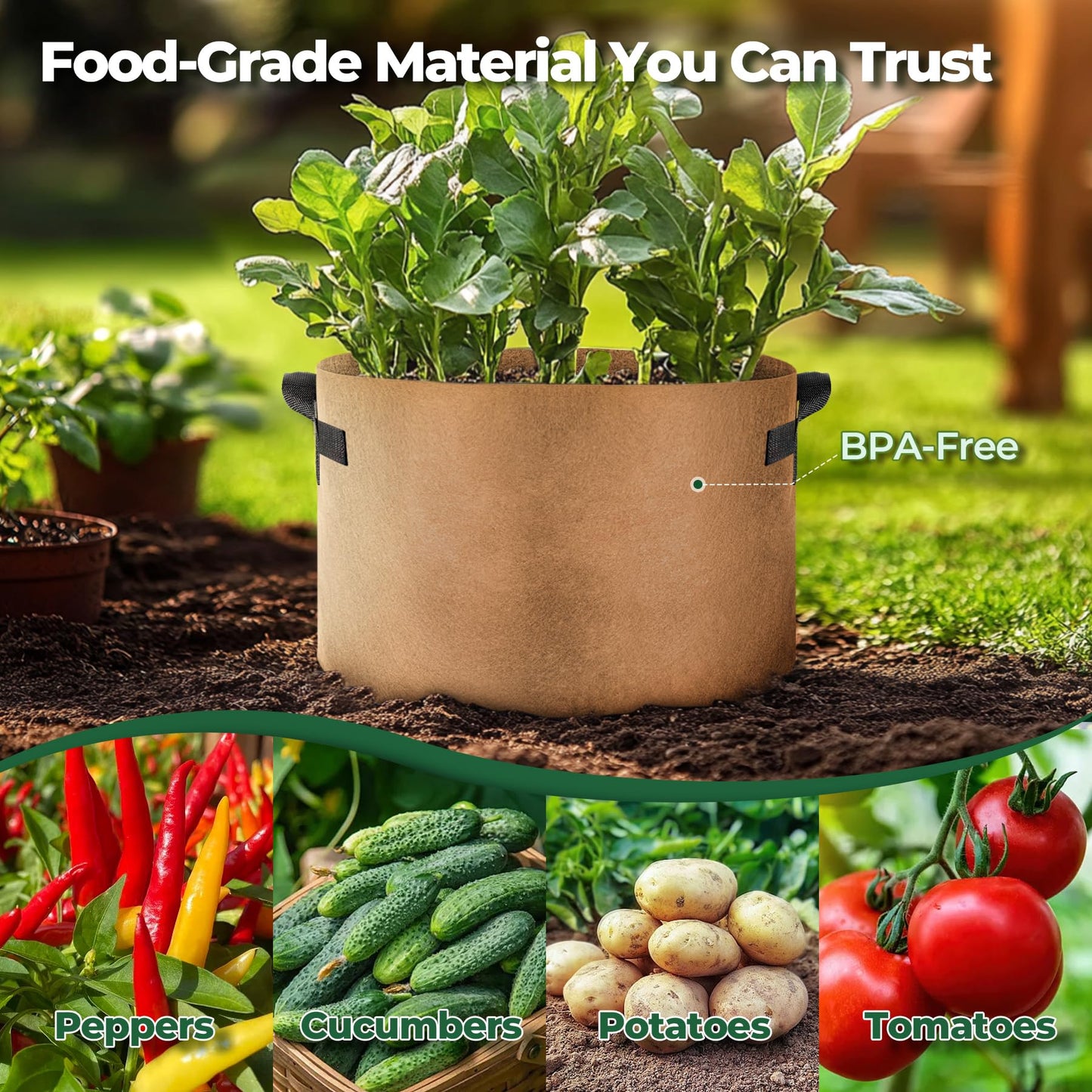 T4U 5-Pack 15 Gallon Fabric Plant Grow Bags, Heavy Duty Smart Growing Bag with Handle, Thickened Breathable Nonwoven Growbag Planter, Large Fabric Pots for Potato Tomato Vegetable Bonsai Tree Outdoor