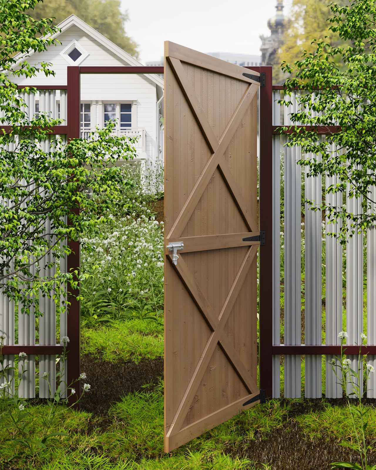 DKIEI Wooden Garden Gate, 183x100 cm Wooden Gate for Garden, 2.5cm Thickness Fully Framed Wood Door with Latch and 3 Hinges for Pathway Garden Entrance, Farm House, Pasture