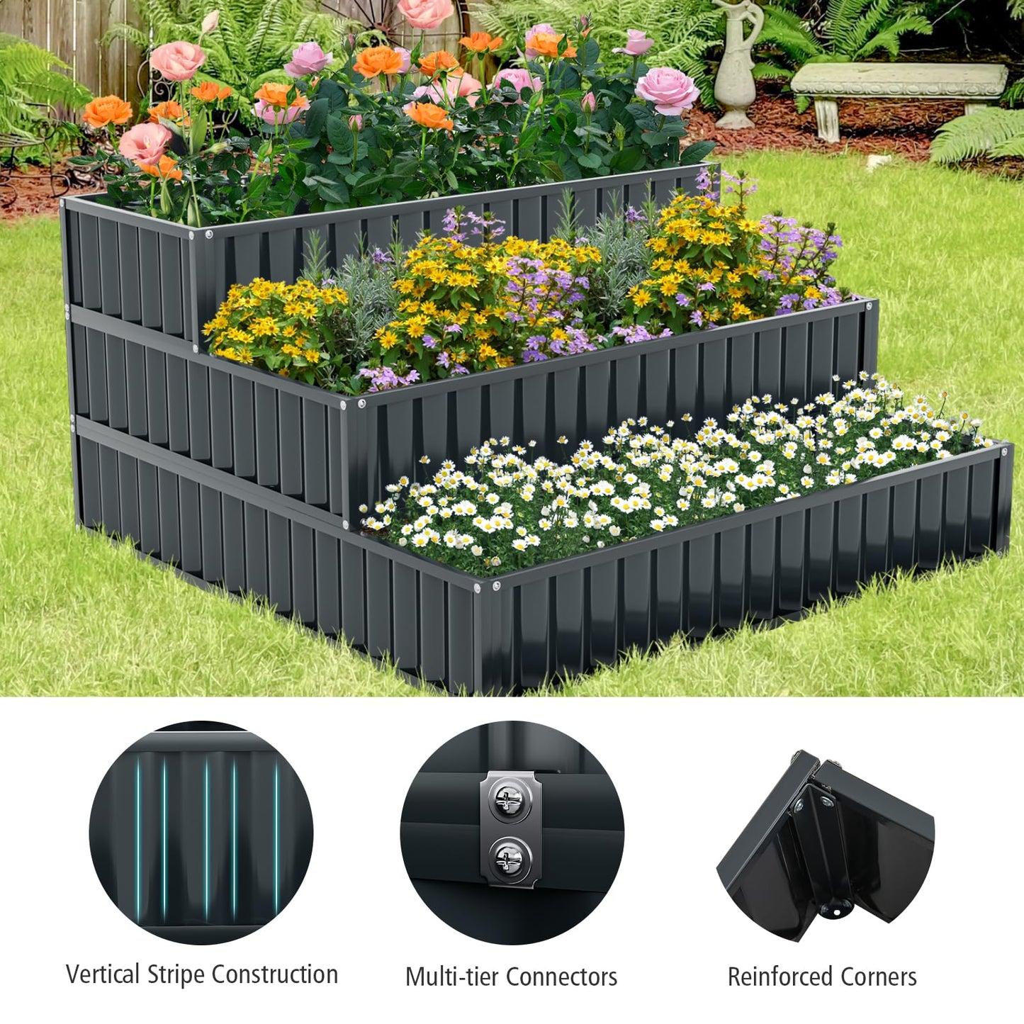 TANGZON 3-Tier Raised Garden Bed, Detachable Plant Flower Vegetable Herb Grow Box Containers without Bottom, Outdoor Elevated Planter Box Kit for Patio Lawn Greenhouse (Black, Metal, 118 x 118 x 61cm)