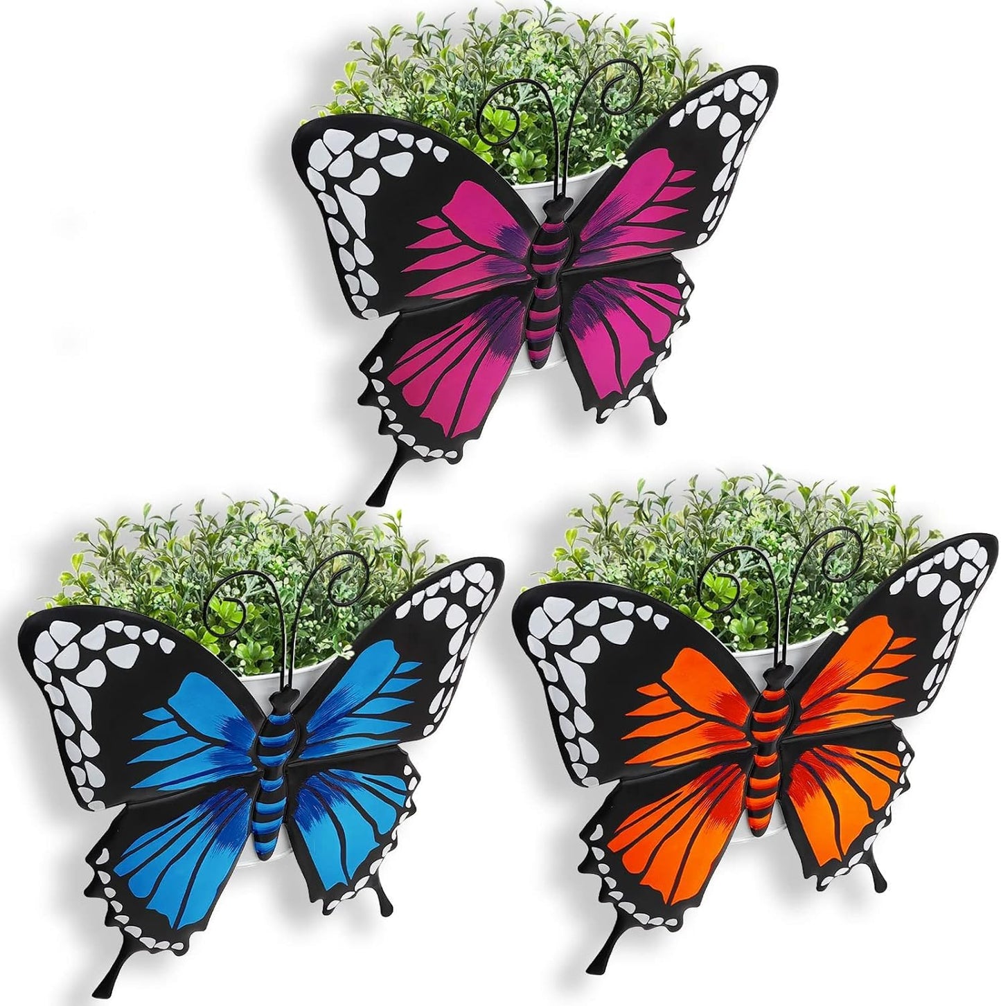 Taylor & Brown Set of 3 Metal Butterfly Wall Flower Pots Garden Ornaments Outdoor, Wall Art Big Butterfly Hanging Decorations for Outside Garden Shed Fence Yard, 27x27cm