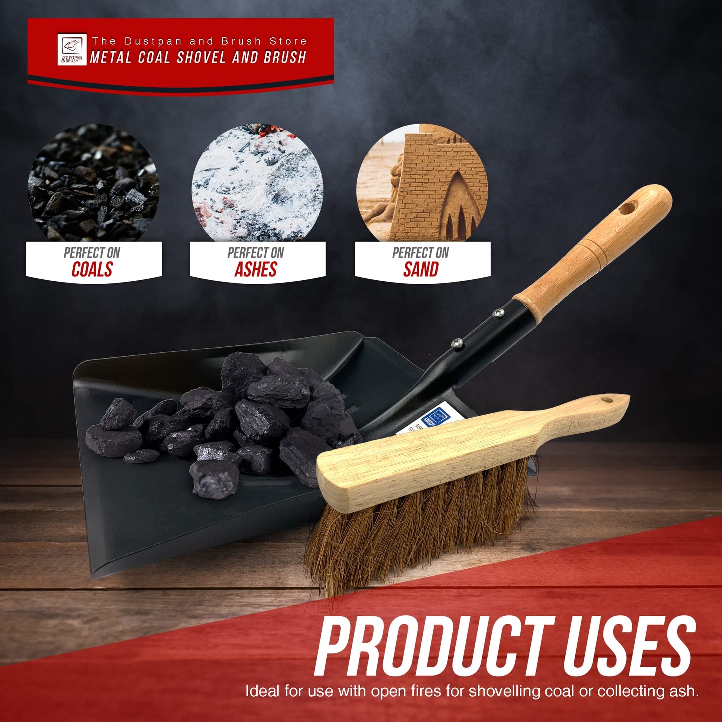 Strong Metal Coal Shovel and Brush Set | 9-Inch-Wide Metal Shovel Dust Ash Pan with Soft Hand Brush Fireside Set | Large Garden Dustpan or Coal Scoop to Easily Collect Coal, Ashes, Dust, Garden Wastes