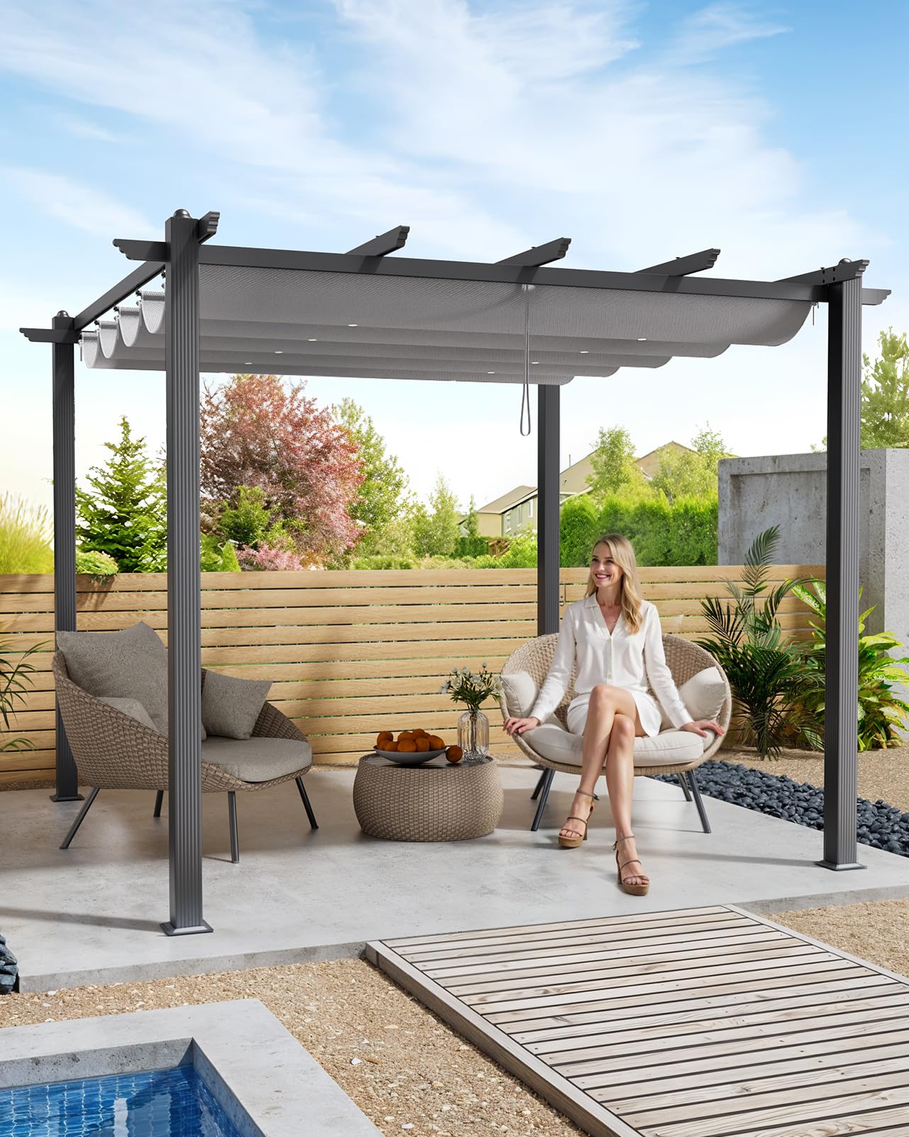 The Fellie 3M x 3M Aluminium Pergola with Retractable Roof, Outdoor Garden Gazebos Water-resistant, Large Metal Retractable Pergola Sun Shade Shelter for Garden, Patio, Poolside, Party, Light Grey