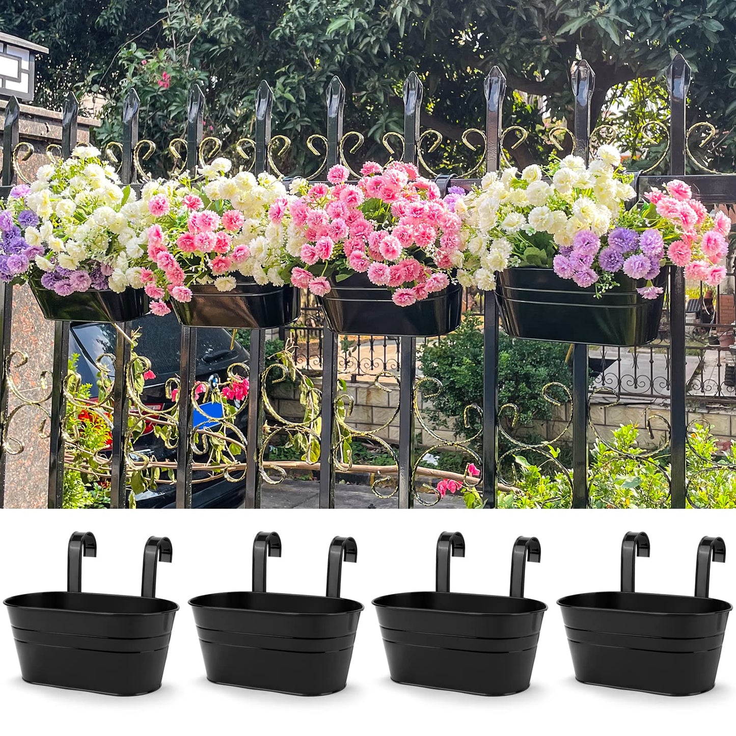 OGIMA 4pcs Large Hanging Flower Pots, Metal Iron Wall Planter Indoor/Outdoor for Railing Fence Balcony Garden Home Decoration with Detachable Hooks, 4x Black