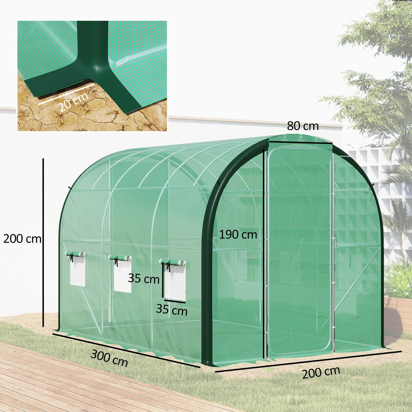 Outsunny 3 x 2(m) Walk-in Polytunnel Greenhouse with Upgraded Structure, 2 Hinged Doors, 6 Mesh Windows, Tunnel Warm House Tent with UV-resistant PE Cover, Green