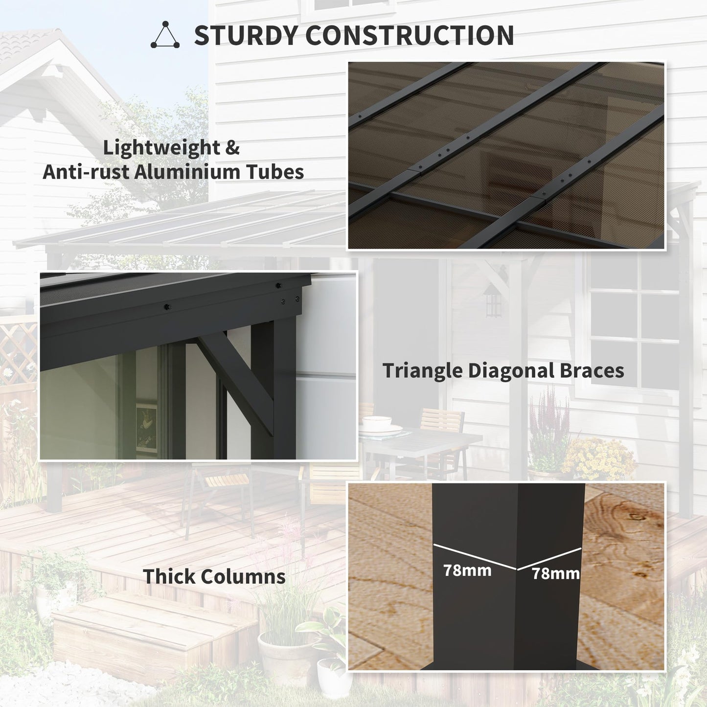 Outsunny 3 x 3(m) Metal Pergola with UPF 50- and Waterproof Polycarbonate Roof, Wall-Mounted or Free Standing Garden Gazebo, Wind-resistant Outdoor Sun Shade, Dark Grey