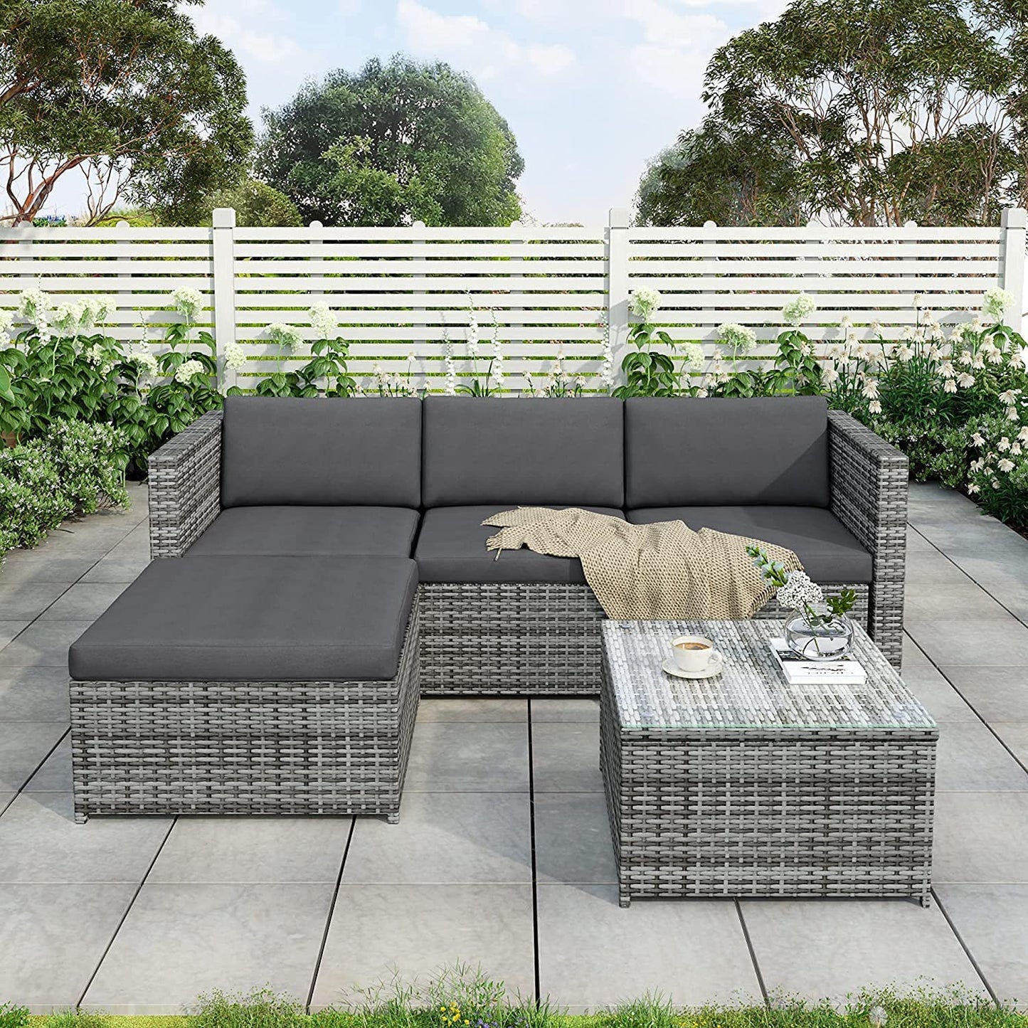 BTM Garden Corner Sofa Rattan Patio Set Garden Entertaining Furniture Lounge Set (Grey)