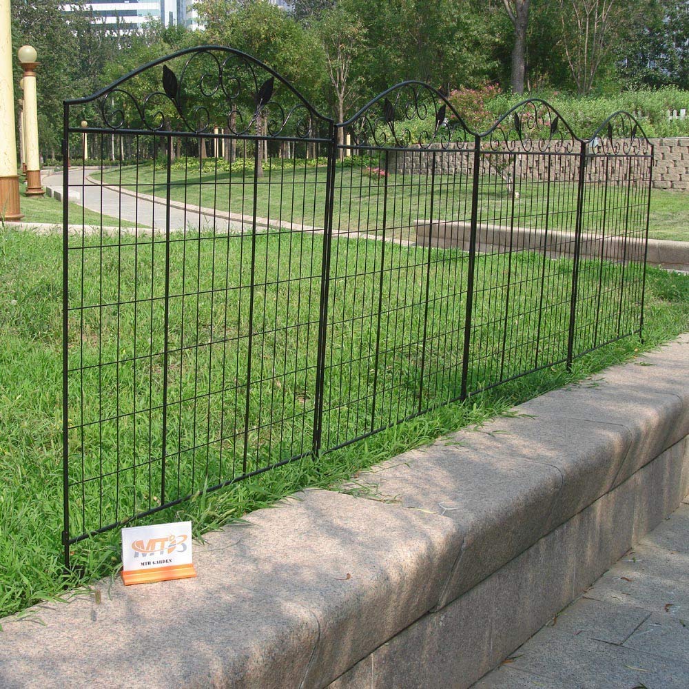 MTB Black Coated Garden Iron Style Metal Side Outdoor Patio Gate Steel Decorative Garden Fence Panel 112cm Hx 91cm W (4 Pack, Linear Length 12 feet) 2 Leaves, Metal Border Folding Fence