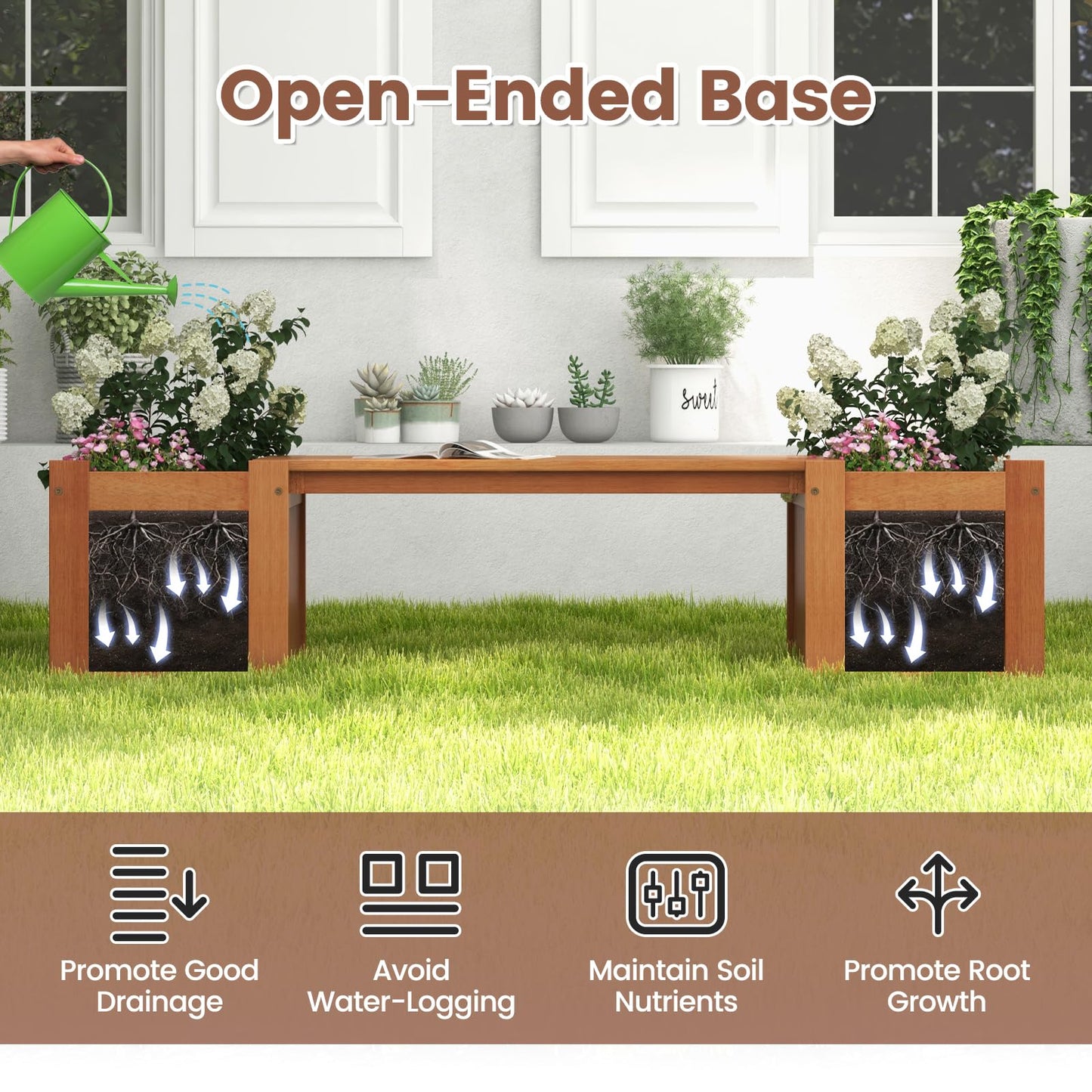 TANGZON Wood Planter Box with Bench, Raised Garden Bed with Seat, Teak Oil Finish & Open-ended Base, Outdoor Flower Box Kit Patio Decor Bench for Garden Yard Balcony (2 Planter Box)