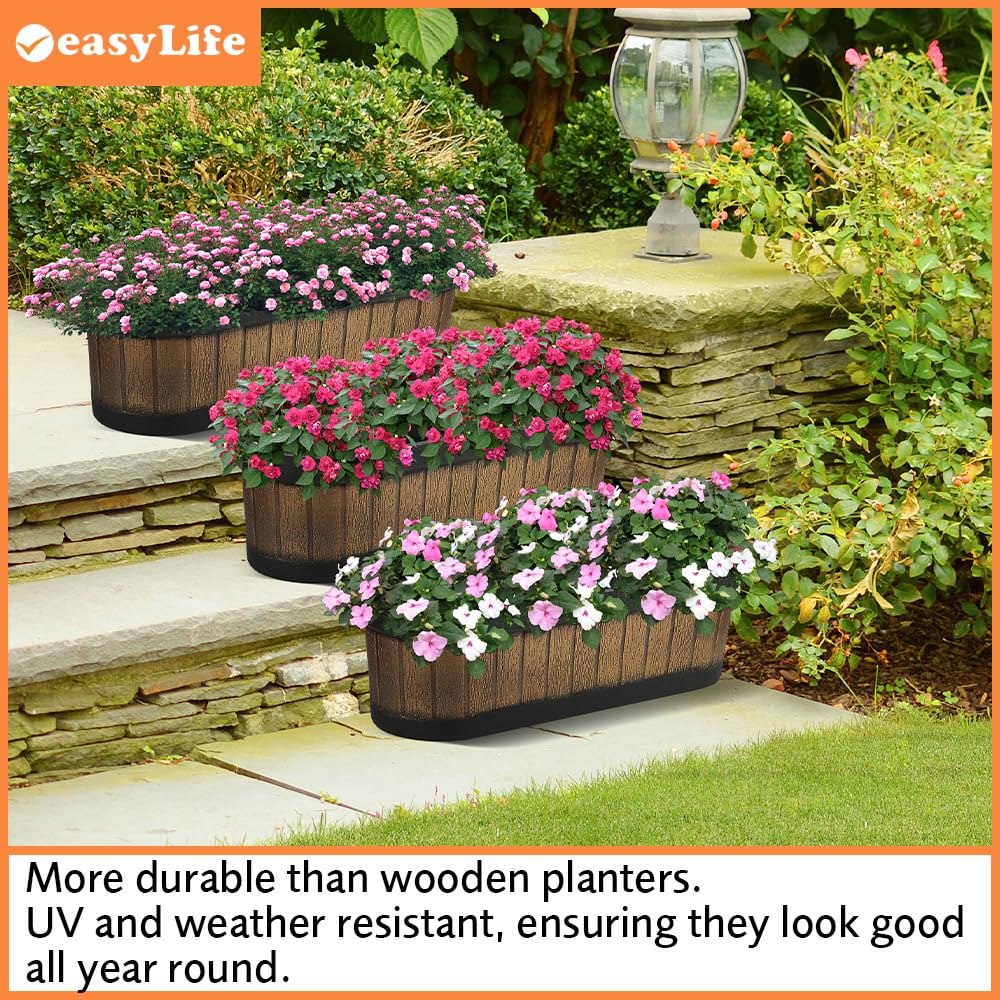 Easylife Oval Barrel Planters (Set of 3). Trough Planters (H16.5 x W46 x D14cm). Weather-Resistant Wooden Barrel Planters for Outdoors. Durable Half Barrel Planters for Outdoors - Fully Guaranteed