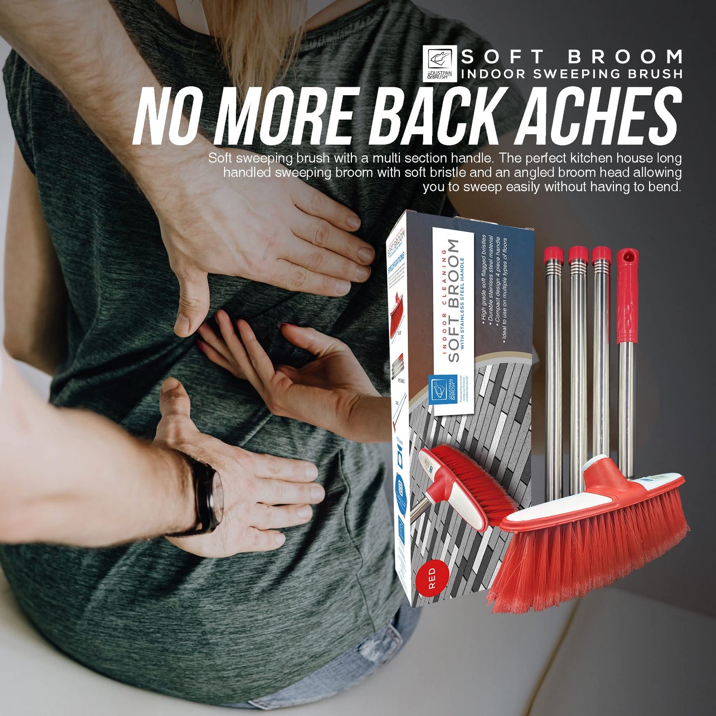 Soft Sweeping Brush Broom Indoor with Multi-Section Stainless Steel Long Handled Brush − House Broom Soft Bristle Brush for Cleaning Home and Kitchen Floors (Red)