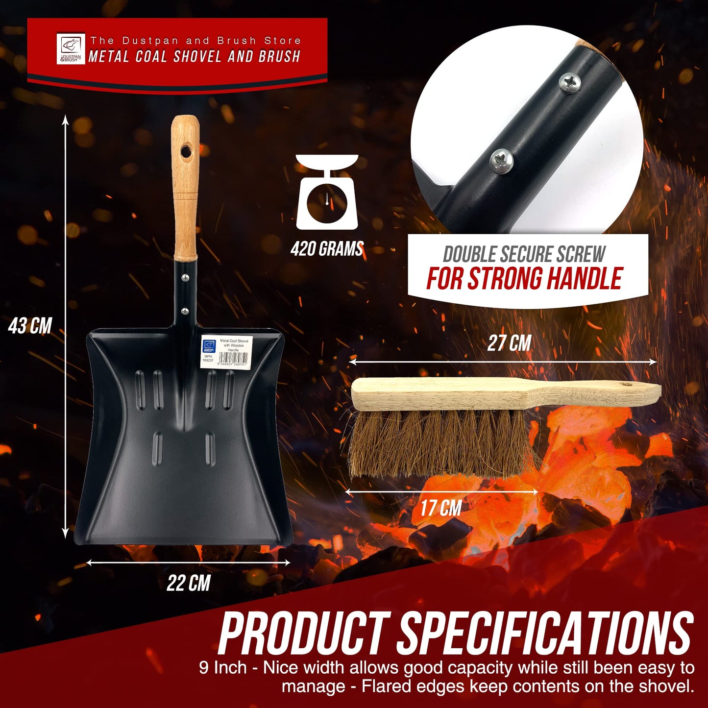 Strong Metal Coal Shovel and Brush Set | 9-Inch-Wide Metal Shovel Dust Ash Pan with Soft Hand Brush Fireside Set | Large Garden Dustpan or Coal Scoop to Easily Collect Coal, Ashes, Dust, Garden Wastes