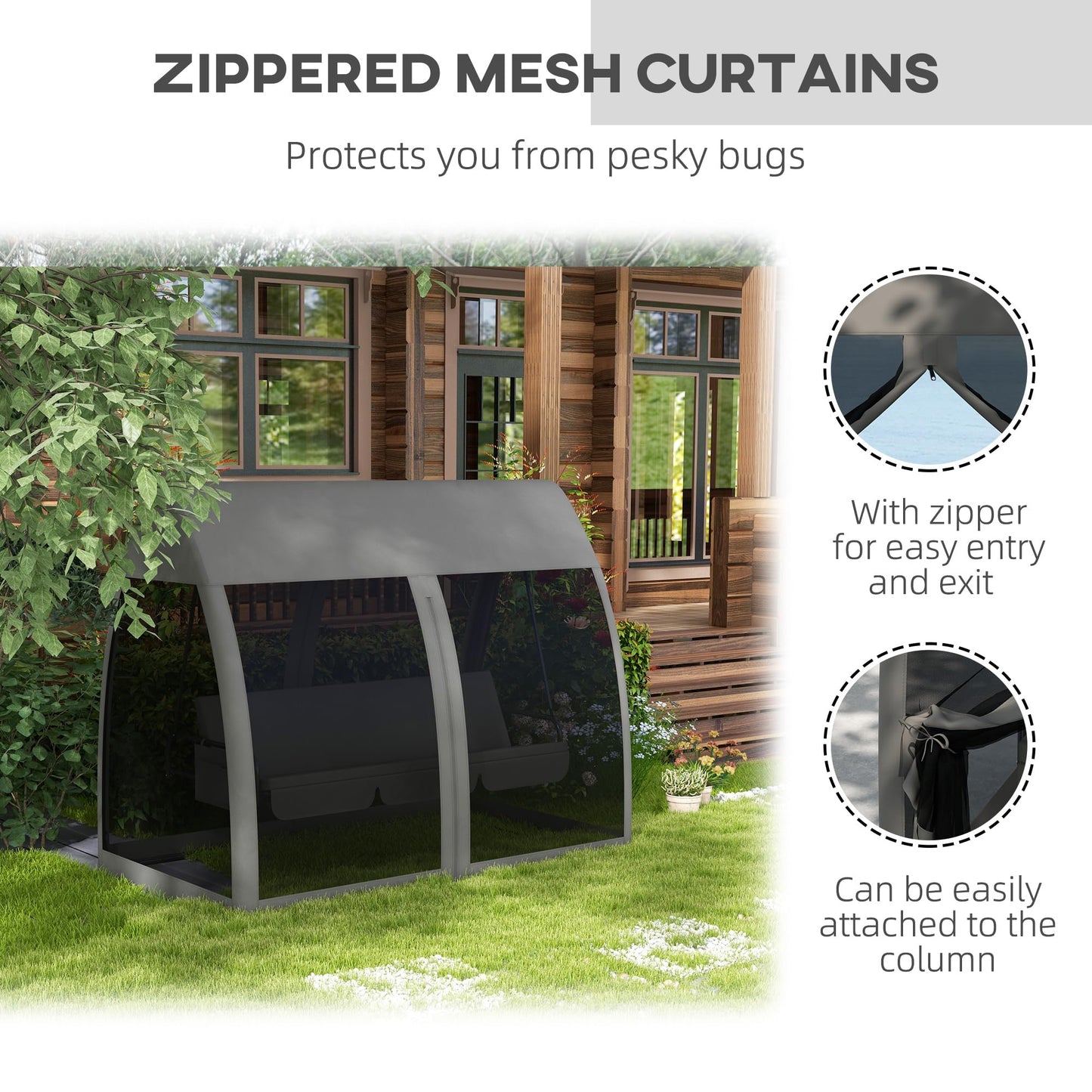 Outsunny 3 Seater Swing Chair 2 in 1 Garden Swing Seat Bed Convertible Outdoor Rocking Bench Bed with Water-Resistant Roof, Zipped Door and Mosquito Netting, Grey