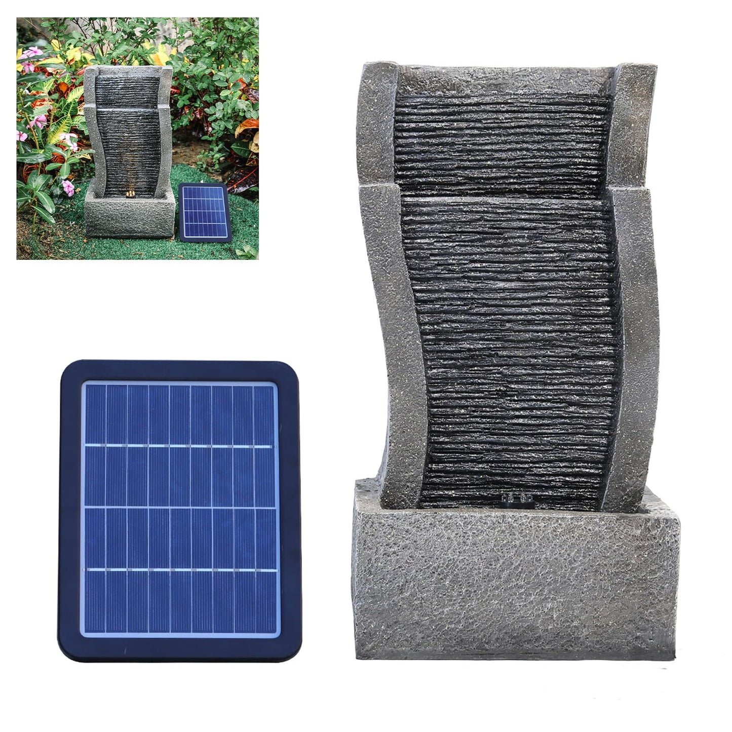 BTGGG Solar Water Feature Outdoor Solar Powered Garden Water Features Solar Water Fountain with Lights Solar Waterfall Decoration for the Garden Outdoor - Curved Solar Waterfall Fountain